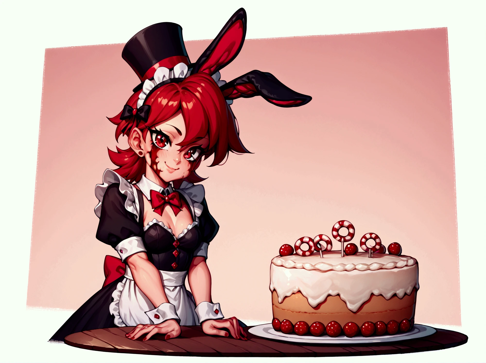 score_9, score_8_up, score_7_up, score_6_up, score_5_up, score_4_up, (source_anime),  1girl, tiny breasts, smile, beautiful face, red hair, whiteskin, red eyes, beautiful eyes, fixed, face fixed, eyes fixed mouth, maid outfit, cake, bloody, bunny ears, candy land background, full body, top hat