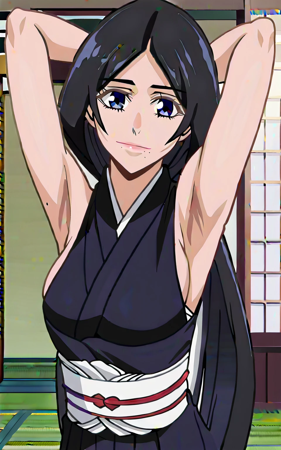 elysia de lute ima, skull hair ornament, white pupils, large breasts, purple kimono, smile, choker, pink scarf, wide hips, black hair, <lora:Elsie V2:0.6>