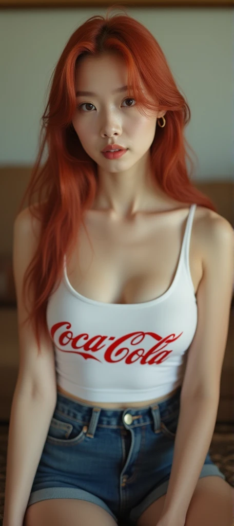((Realistic lighting, Best quality, 8K, Masterpiece: 1.3)), Clear focus: 1.2, 1girl, Perfect body beauty: 1.4, Slim abs: 1.1, ((Red hair, Milk: 1.3)), cowgirl pose, (Outdoor, daytime: 1.1), country street, super fine face, fine blue eyes, double eyelids, curly hair, fair skin