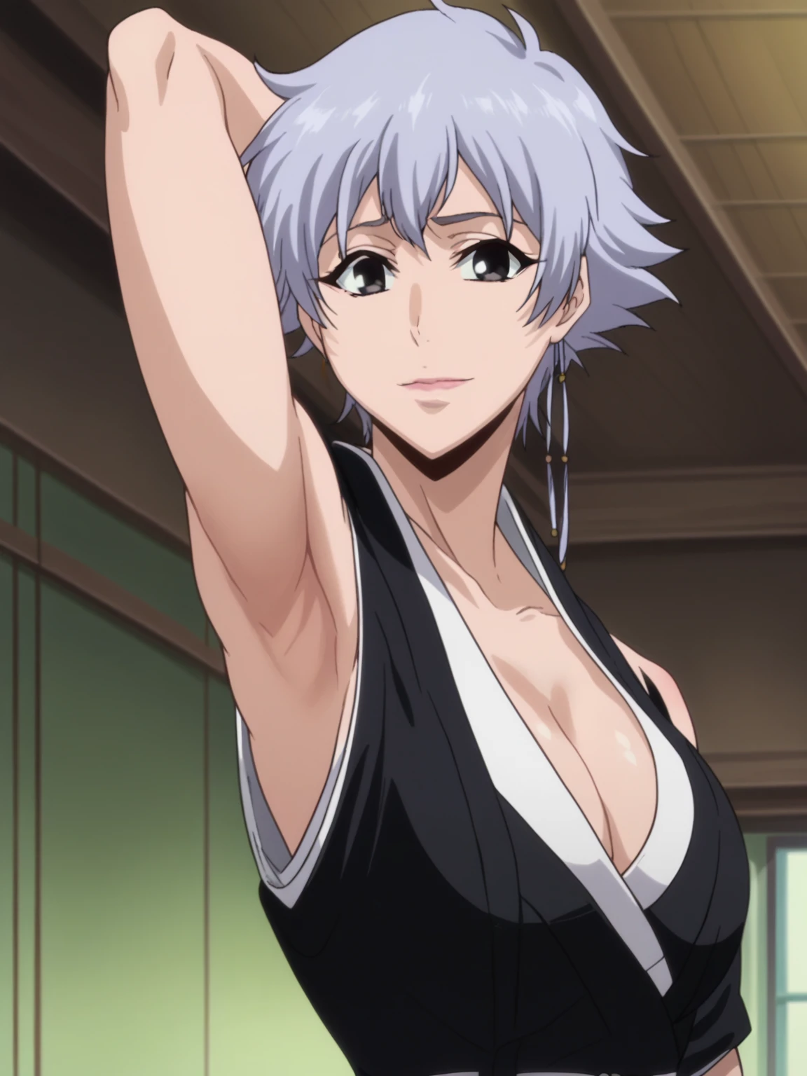 masterpiece、Highest quality、Anime Girls、solo、Watching the audience、smile、Short Hair、Silver Hair、eyelash、Blue eyes、Hair on one eye、Big Breasts、cleavage、Girls with very large breasts、collarbone、Purple bodysuit、Off the shoulder、Long sleeve、Blue sash、
