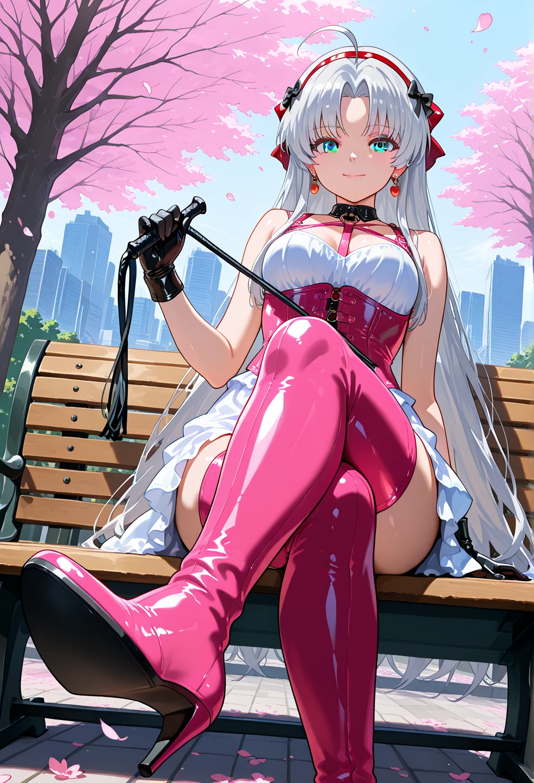 masterpiece,best quality,absurdres, amazing quality, shiny skin,
tokyo \(city\), park, cherry blossoms, falling petals, cowboy shot, smile, looking at viewer, sitting, park bench, on bench, crossed legs, 
carlottailvp, 1girl, long hair, dress, parted bangs, grey hair, gloves, black gloves, ahoge, white hair, white dress, jewelry, bow, earrings, blue eyes, hair bow, thighhighs, medium breasts, (black flowers hairband), very long hair, (red hairband), grey eyes, multicolored eyes, thigh boots, pink thighhighs, thighhighs under boots, high heel boots,((high heel soles)), dominatrix, bondage outfit, whip, holding whip, latex gloves, latex corset, latex panties