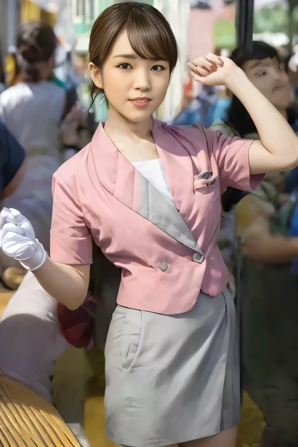(Masterpiece:1.2, best quality :1.2), 32kHDR, there's nothing there, (Alone、 1 girl)、( On the roof of the building during the daytime 、 professional lights )、 against the roof of a building 、( Nankai train crew uniform pinkのリアルスタイル )、(( Nankai train crew uniform pink short sleeve jacket ))、((Nankai train crew uniform pink short sleeve collarless blouse ))、((Nankai train crew uniform pinkのグレーのラップキュロットスカート))、 dark brown hair 、( hair gathered、 hair bang、 hair bang)、 dark brown hair 、 long hit 、Big Breasted 、Thin legs、(( Amazing hands :2.0)),(( harmonious body proportions :1.5)),((Normal limbs:2.0)),((The usual :2.0)),(( Delicate eyes full of determination :2.0)),((Normal eyes:2.0)))、smile 、Hands crossed underneath