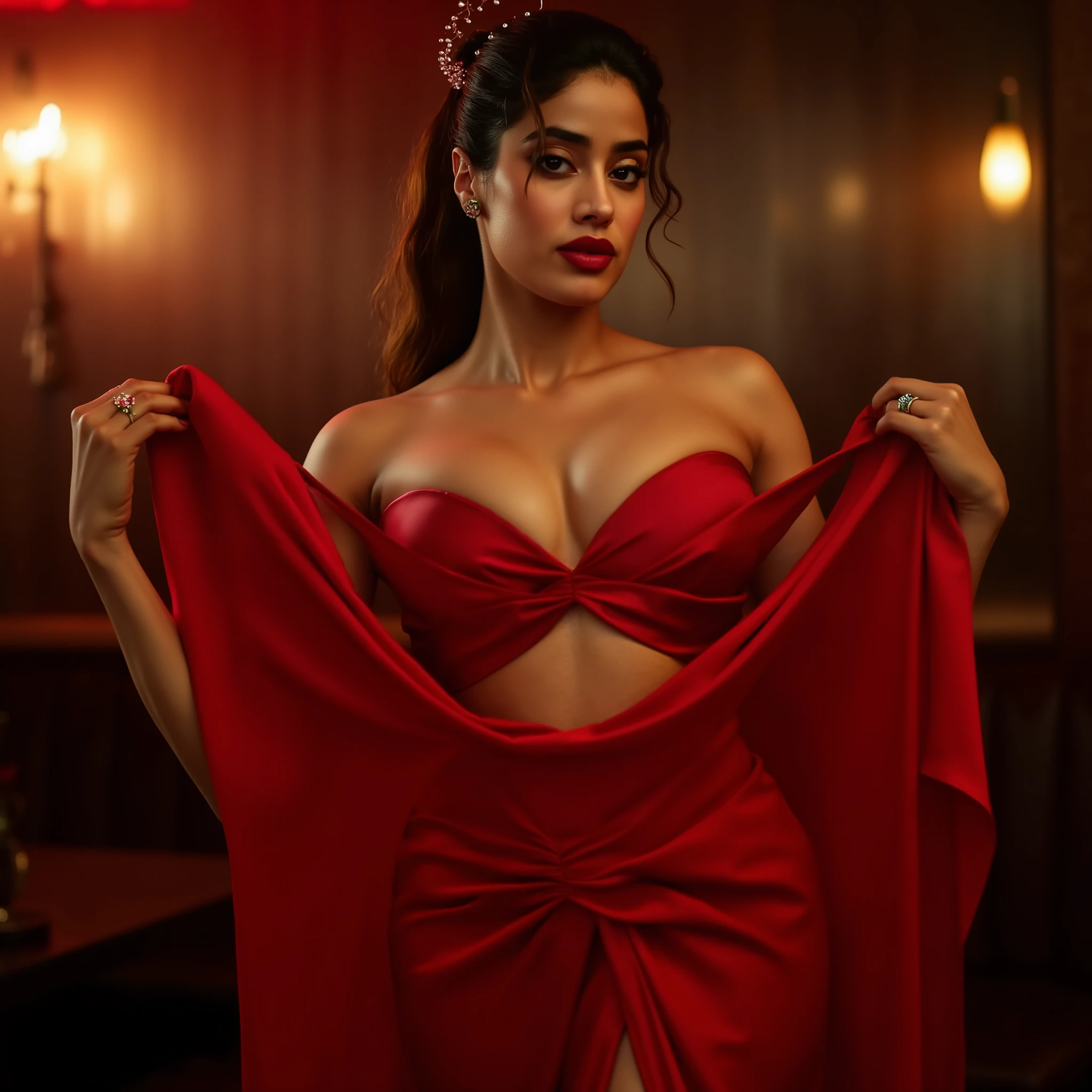 close up photo of sexy woman, hourglass figure, swooping breasts, deep cleavage, erotic dancing in pub and stripping off red saree with wide open spread legs, look at viewer, ponytail, (best quality,4k,8k,highres,masterpiece:1.2),ultra-detailed,(realistic,photorealistic,photo-realistic:1.37),HDR,studio lighting,vivid colors,bokeh,portraits,photography