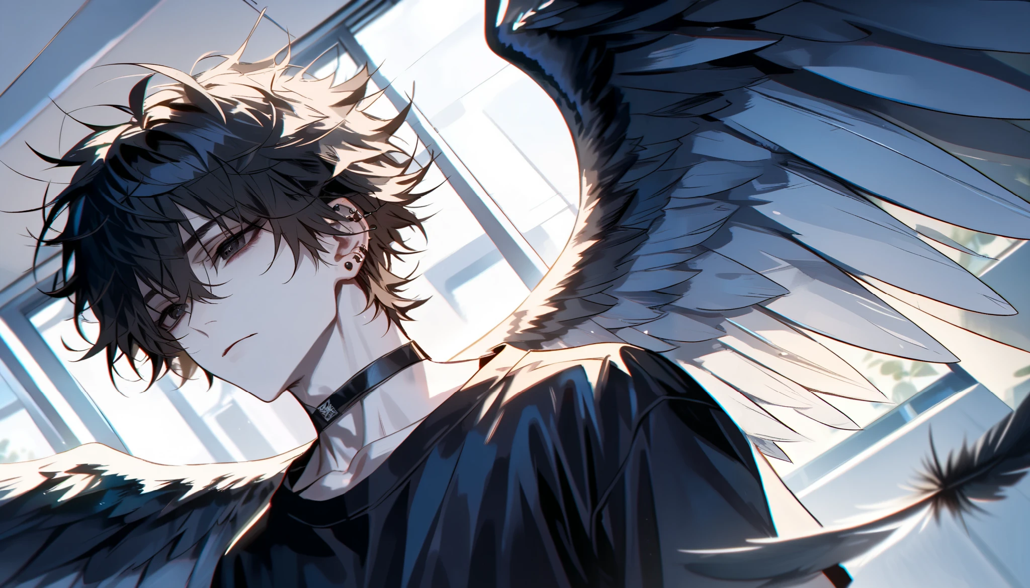 impasto, short hair, masterpiece, best quality, 1 man , black hair , messy hair, perfect face , handsome male , Alone, pale skin , adult male , upper body , delicate line drawing, Extremely detailed, black choker, black shirt, ear piercings, ((hospital room background, detailed eyes, black eyes, dynamic angle, white wings, feathers))
