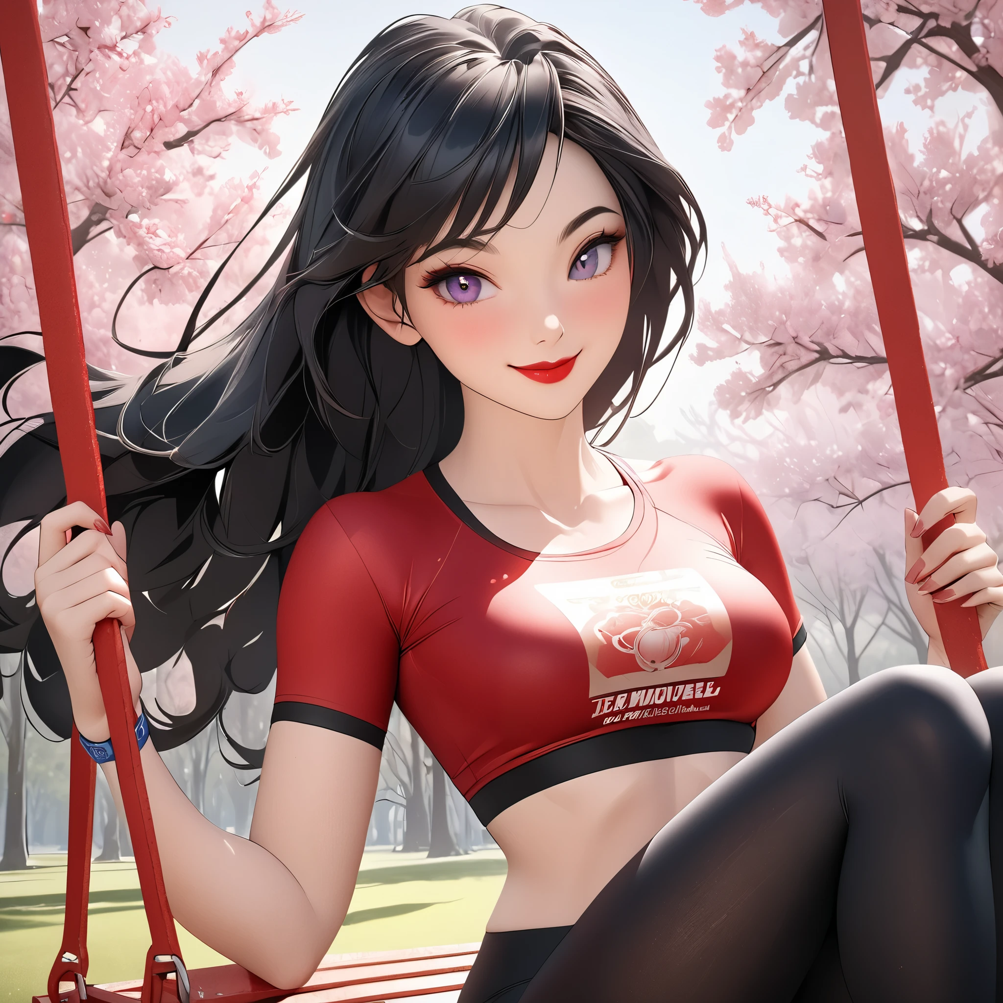 8k,masterpiece, CGSTATION, hyper CGI style, arte extremadamente detallado de artgerm, photorealistic chica anime render, 8k anime drawing style, best quality, 3D rendering, INTRICATE, cute, hyper detailed, medium bust, 27 years old, a woman, sensual smile, red lips, super detailed skin, super beautiful eyes,front,perfect nose, mulan, silky black hair, long hair, She is wearing tight black thermal leggings, above she is wearing a tight red sports top, white running shoes, she is wearing a sports fanny pack, in a park, fhd, sitting on a swing, she is rocking slowly, with her legs extended in front of her, big smile, antigravity,