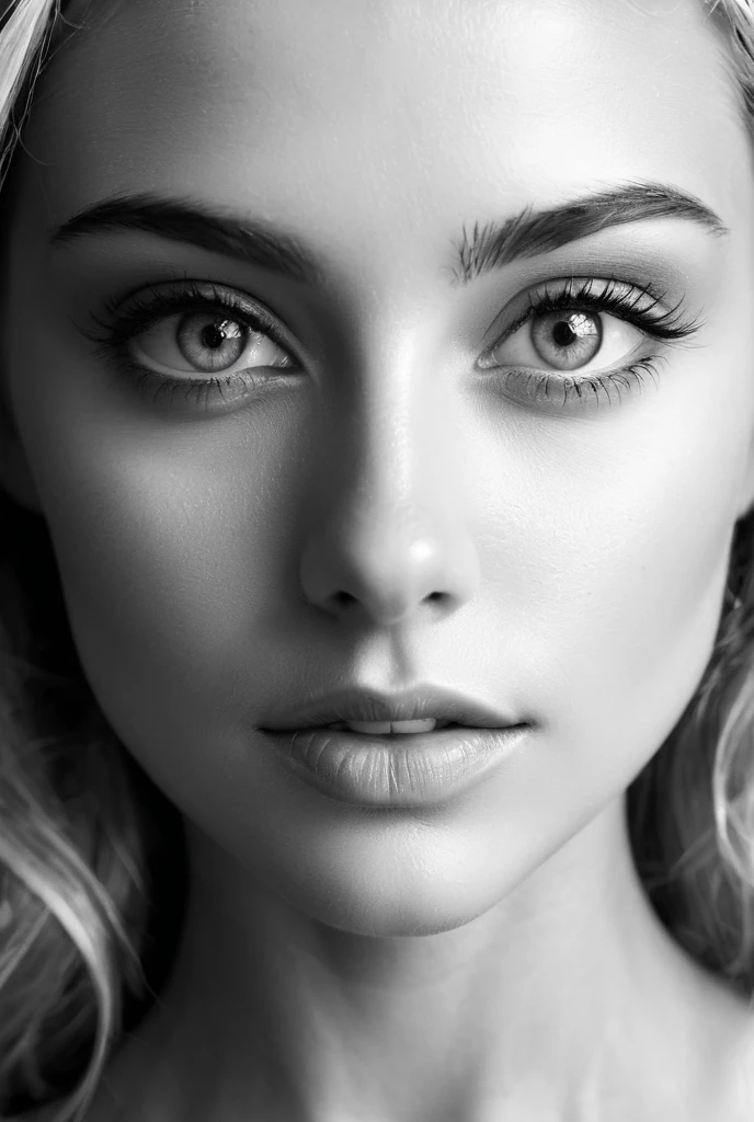  Close up portrait of the perfect beauty made a woman. ImágeN b/N. ENfocar los ojos,  European woman, blonde, light eyes.