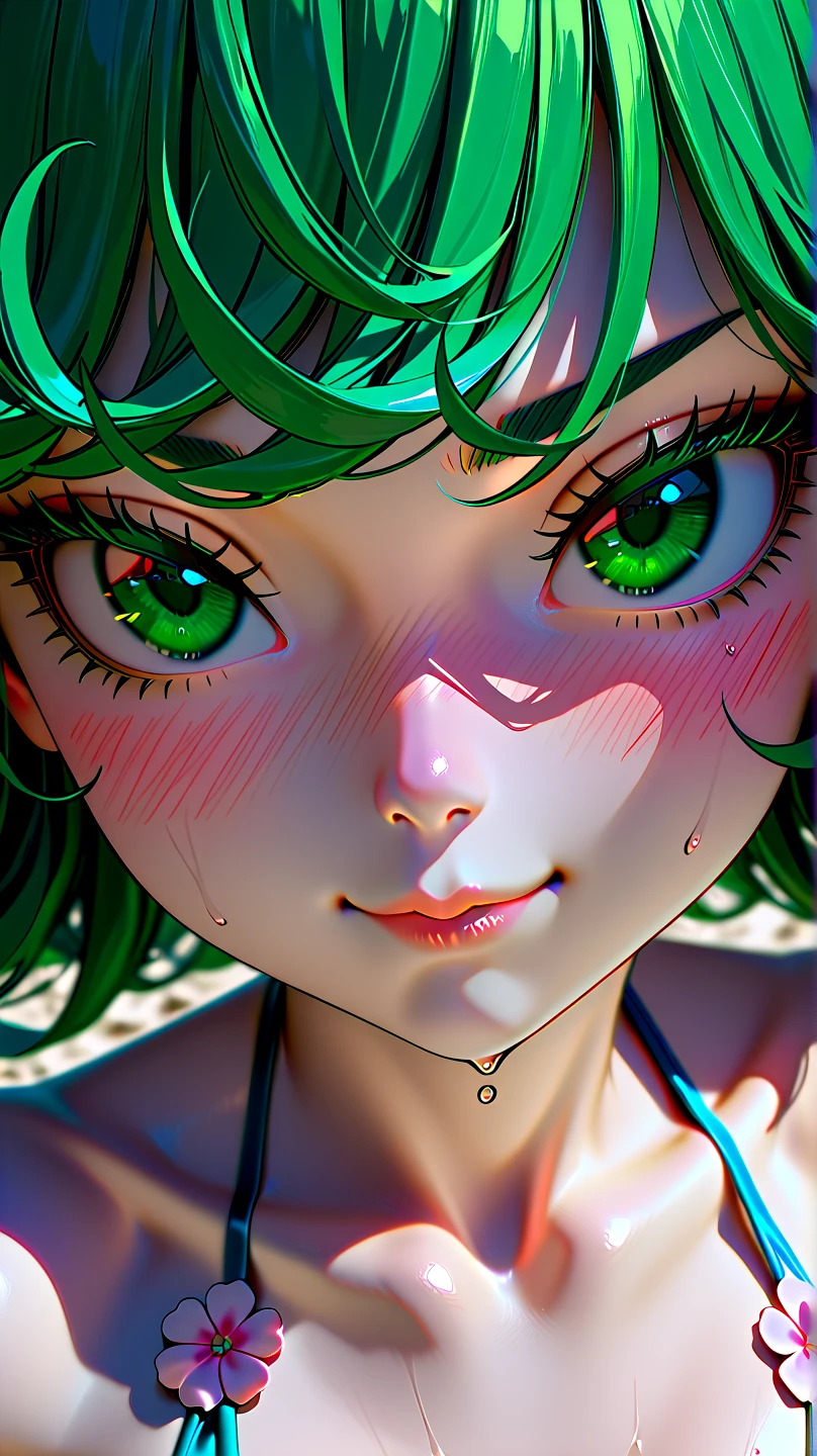 tatsumaki ( one punch man), cute , highly detailed, 8k, attractive beautiful, retouch, micro bikini , beach , small breasts, blushing , high resolution, , bikini, eyes, eyelashes, lips, hair, lip bit, floral bikini  , loli, portrait , small smile, 3D, cute, wet