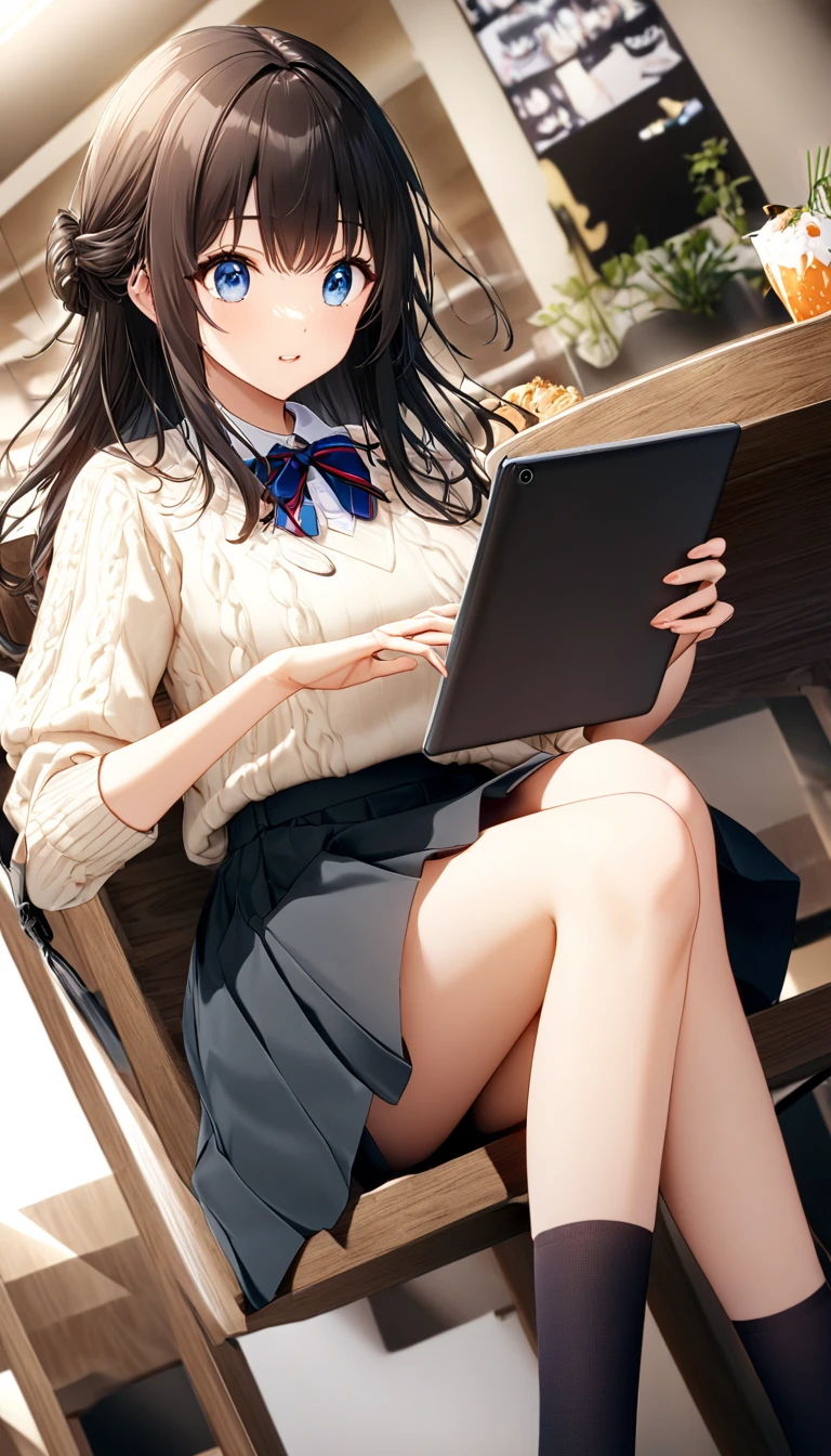 ((table top, highest quality, High resolution, nffsw, perfect pixel, 4k, nffsw, nffsw))), 1 girl, single, alone, beautiful woman、I could see the whole body、 ((short wavy hair, bangs, brown hair)), ((brown eyes, beautiful eyelashes, realistic eyes)), ((detailed face, blush:1.2)), ((smooth texture:0.75, realistic texture:0.65, realistic:1.1, Anime CG style)), medium breasts, dynamic angle, perfect body, ((school uniform, white shirt, black skirt, unbuttoned shirt、plaid skirt、not wearing shoes、white socks)), classroom without people、sit at desk、..、evening、、、Very embarrassing panic smile、(lift the skirt with your right hand、open your legs、open your knees wide、pink floral lace panties)、、(pink lace bra)、angle from below