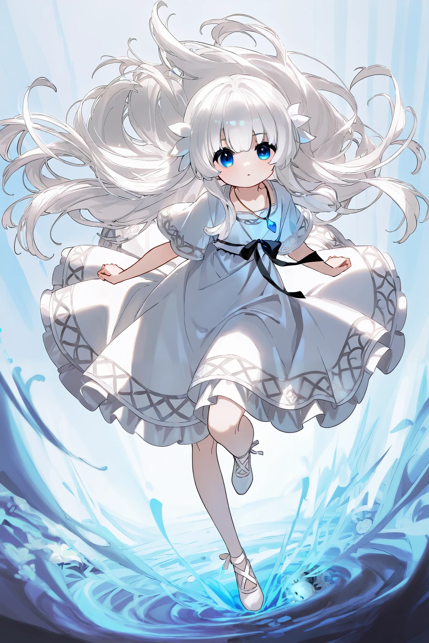 1girl\(lily \(ender_lilies\) li1y (elqk), 1girl, blue eyes, very long hair, white hair, hair ornament, necklace, jewelry, white dress, black ribbon\),full body,dynamic  pose