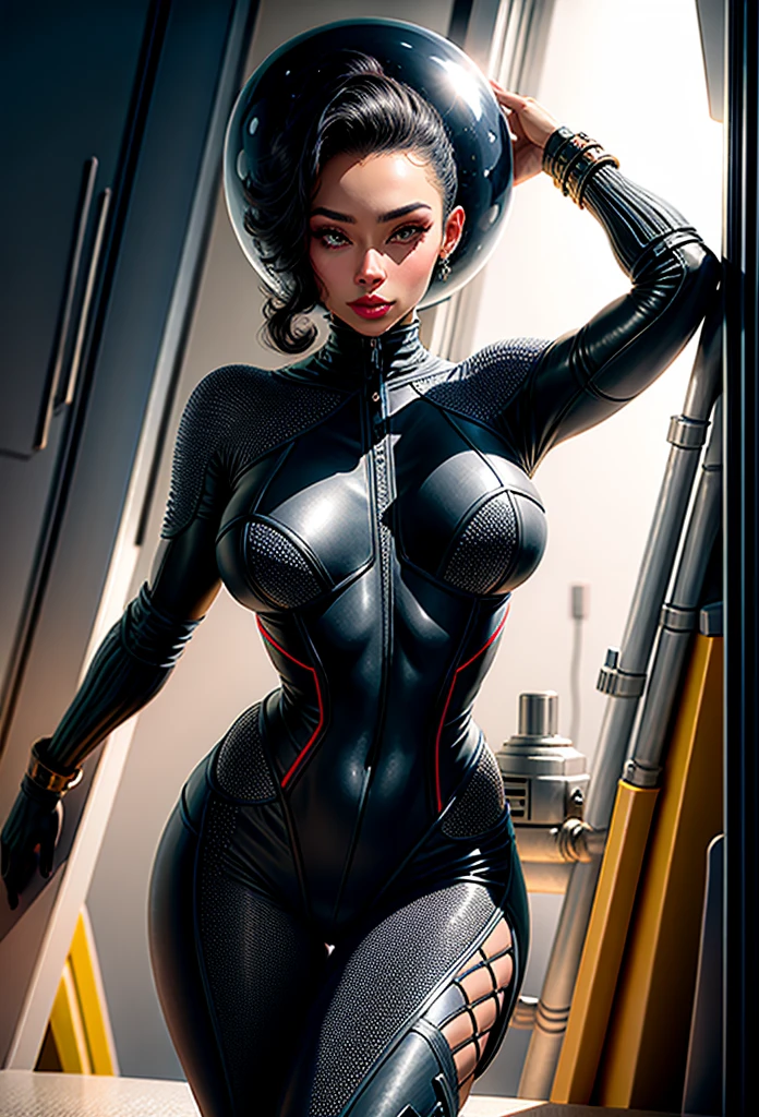 (rear view, backside view),(La mejor calidad,A high resolution,Ultra - detallado,actual) ,primer plano Ariana Grande ciborg, con pantalon de cuero rojo, top amarillo, cabello largo white canoso, (alien invasion background extraterrestrial ships:1.4), (hermosos ojos azuleondo piedras grandes negro:1.4) , (pose vaquero ), (realistic) , (black pants:1.4), Arte detallado de alta calidad 8K, Fanart Mejor ArtStation, Fantasy art style , (ciborg white:1.4), (ciudad apocalyptic colors ciberpunk:1.4) ,(ciborg latex bodysuit white:1.4)