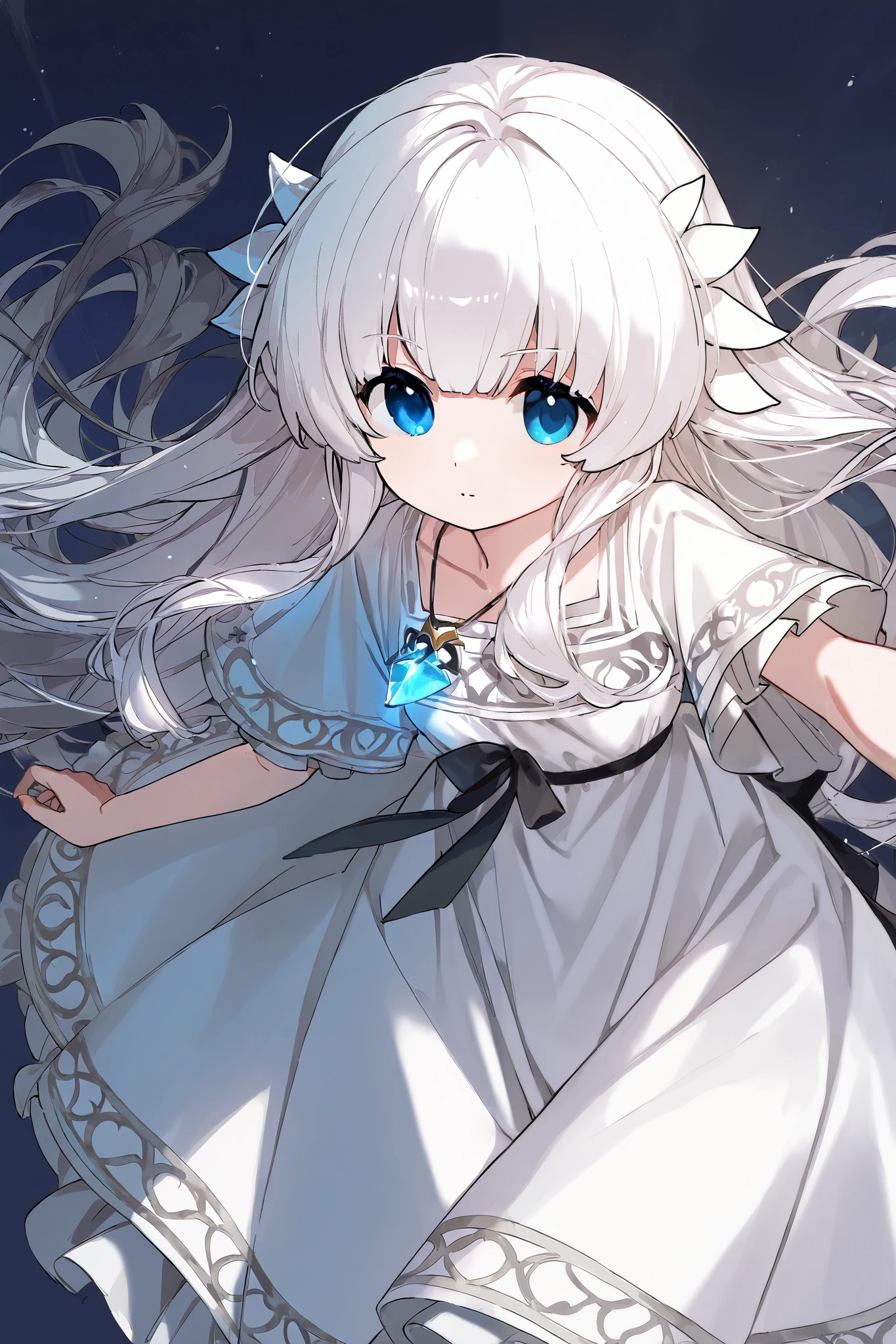 1girl\(lily \(ender_lilies\) li1y (elqk), 1girl, blue eyes, very long hair, white hair, hair ornament, necklace, jewelry, white dress, black ribbon\),dynamic  pose