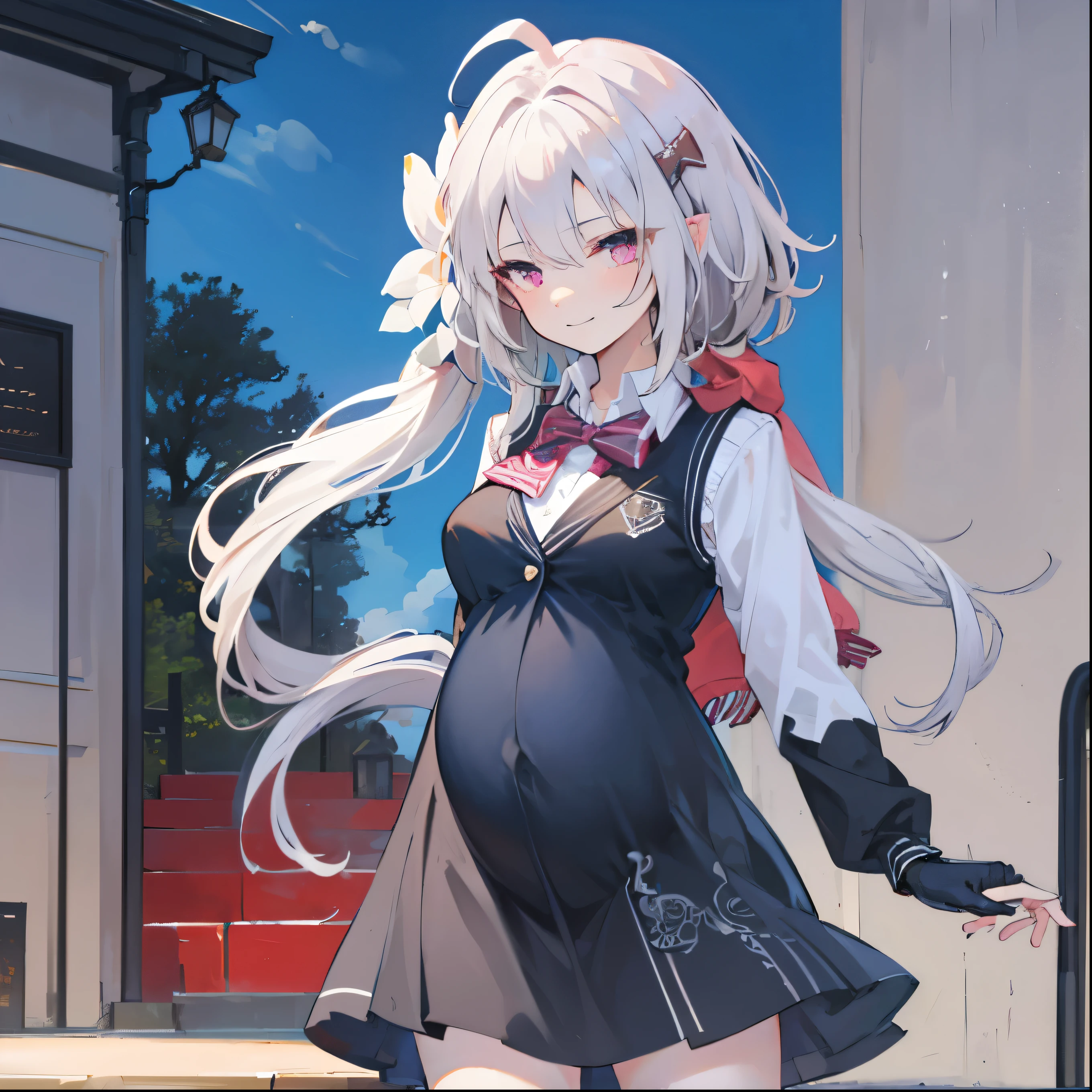 (masterpiece, best quality:1.0), highly detailed, detail, 1girl , ,elaina, white hair, long hair, braided hair, ahoge, purple eyes, UNiform, red bowtie, collared shirt, sweater vest, blazer, black blazer, opened jacket, long sleeves, plaid skirt, brown skirt, outdoor, smile, standing, cowboy shot, (Pregnant), smooth Belly pregnant