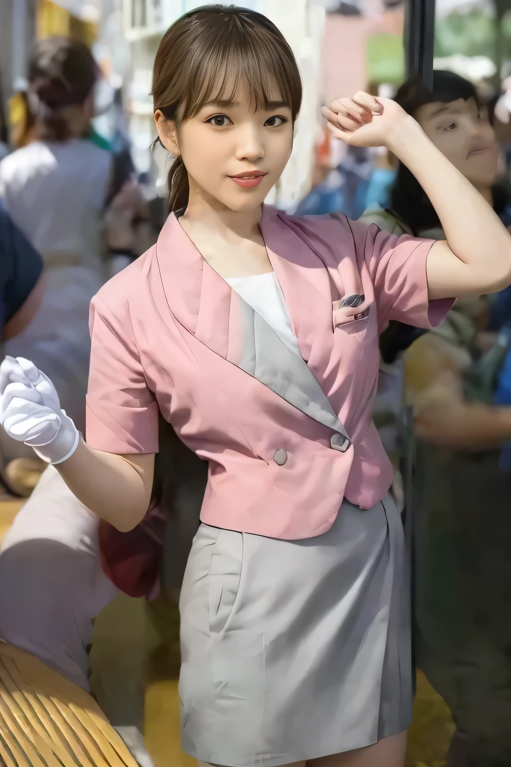 (Masterpiece:1.2, best quality :1.2), 32kHDR, there's nothing there, (Alone、 1 girl)、( On the roof of the building during the daytime 、 professional lights )、 against the roof of a building 、( Nankai train crew uniform pinkのリアルスタイル )、(( Nankai train crew uniform pink short sleeve jacket ))、((Nankai train crew uniform pink short sleeve collarless blouse ))、((Nankai train crew uniform pinkのグレーのラップキュロットスカート))、 dark brown hair 、( hair gathered、 hair bang、 hair bang)、 dark brown hair 、 long hit 、Big Breasted 、Thin legs、(( Amazing hands :2.0)),(( harmonious body proportions :1.5)),((Normal limbs:2.0)),((The usual :2.0)),(( Delicate eyes full of determination :2.0)),((Normal eyes:2.0)))、smile 、Hands crossed underneath