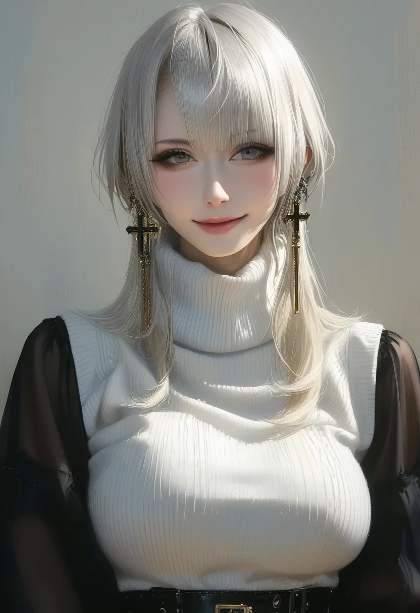 score_9, score_8_up, score_7_up, score_6_up, portraits, good anatomy, masterpiece, best quality, realistic, 1girl, beautifull eyes, beautifull face, detailed eyes and face, dynamic lighting, in the dark, deep shadow, low key, cowboy shot, closed mouth, (((turtleneck, grey skirt, white long sleeve sweater))), ((large full breasts)), sitting, cross legs, evil smile, closed mouth,
BREAK blonde white hair, hime cut hairstyle, pale porcelain white skin, natural makeup, blush