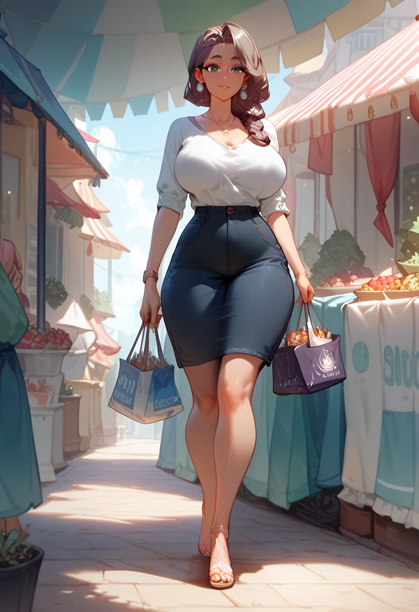 Female 26 years old,housewife,Sunlight,Smile,put on lipstick,Light brown curly short hair,A ponytail on the left,Slightly plump,huge firm breasts,market shopping,Wearing a watch on the right hand,half moon earrings,full body fitted skirt