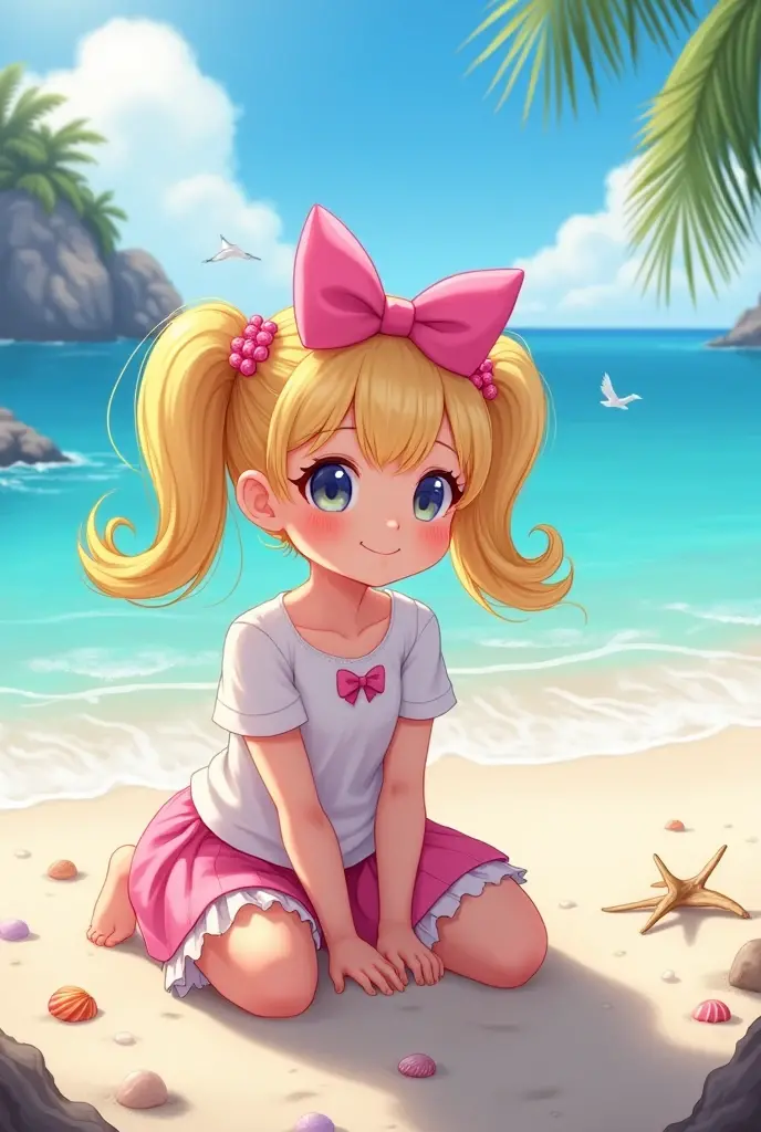 Create an image of a girl with two pink bows on her head at the beach , with blonde pigtail hair sitting