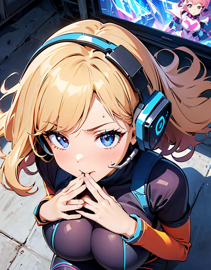 masterpiece, best quality, Half body portrait, 1girl, anime, 3D, realistic, blonde girl, smiling, sexy face, long hair, astronaut helmet, starry universe background, true light, bodysuit, beautiful, sexy, colourful, nsfw, smooth skin, illustration, by stanley artgerm lau, sideways glance, foreshortening, extremely detailed, high resolution, ultra quality, glare, Iridescent, Global illumination, realistic light and shadow, hd, 8k, ,luxtech,(viewed_from_above:1.3),chrometech,TechStreetwear,neon style,surface imperfections,simple background,aw0k magnstyle
