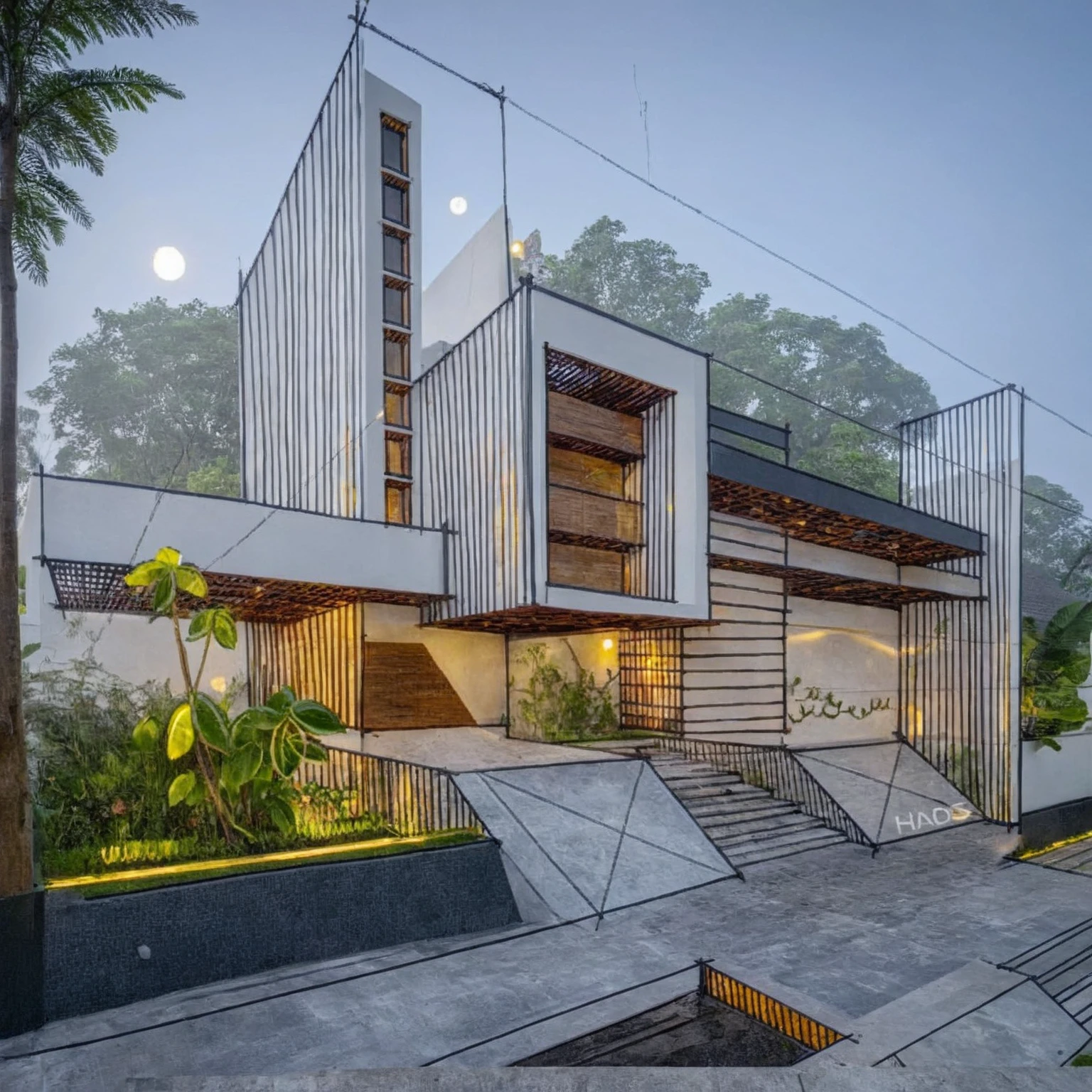 (masterpiece:1.2), best quality, photo of A two-story modern house in VietNam with white walls and dark tiles on the roof., tree and plant environment,daylight, streetcapes, natural light, vivid color, The exterior of an elegant single family home features large windows, a dark gray door frame.