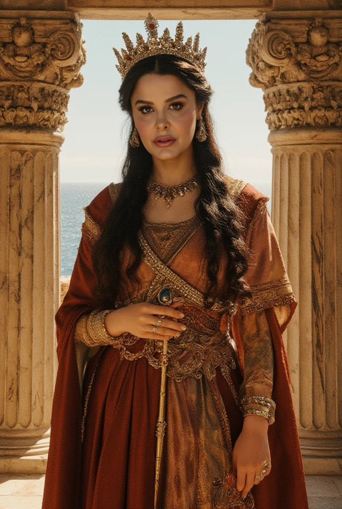 Jewish woman , very beautiful, long dark wavy hair, goddess body, dressed in the 1st century in Jerusalem, with a red high-class tunic, rich people house background 1st century, 8K photo quality, Realistic details, ultra definition.