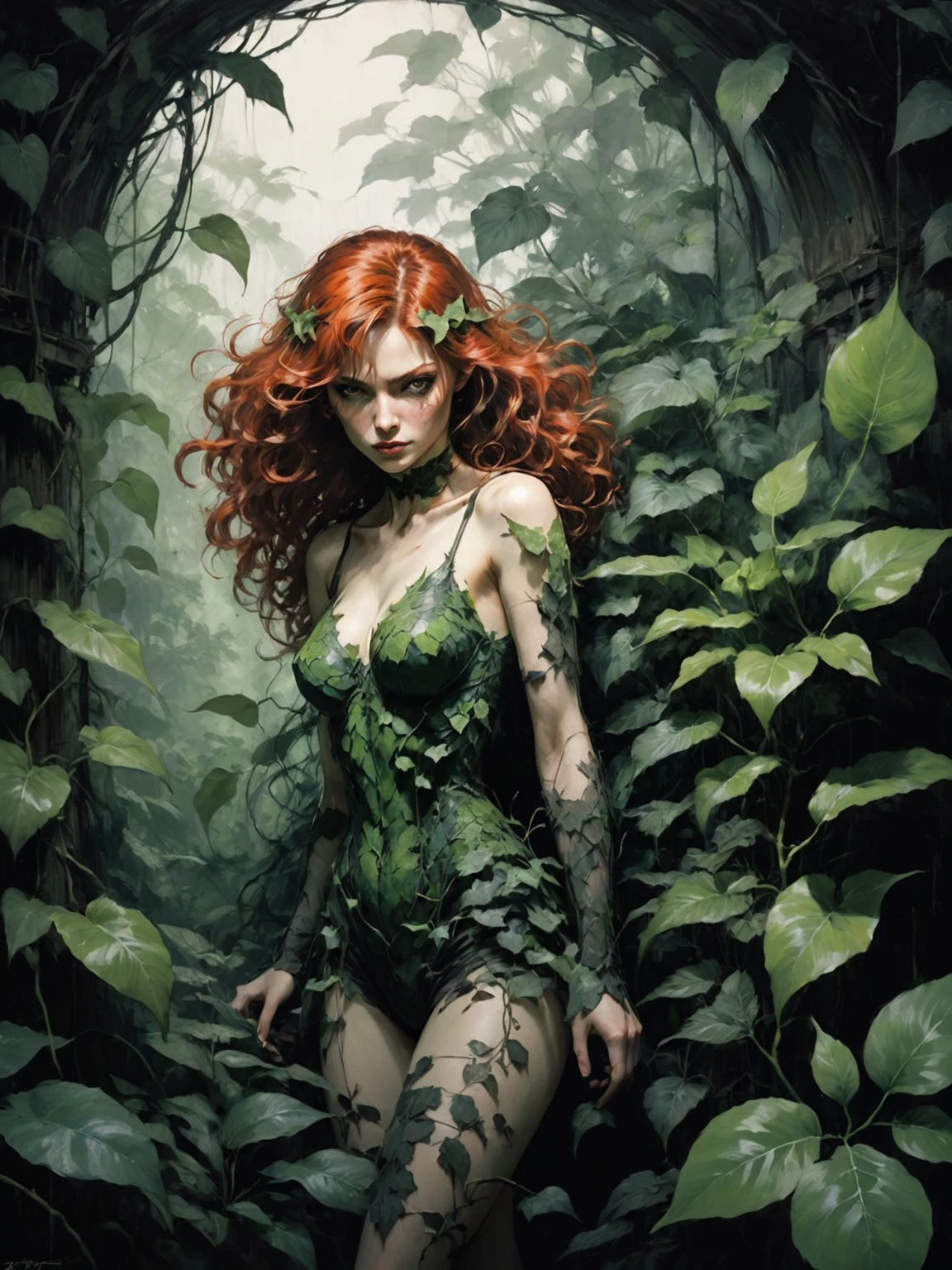 Beautiful woman controlling plants, beautiful woman with red hair and vines around her, vines, plants, greenery, plant, thorny vines, power to control plants, poison ivy, strong woman, power, dark, hught quality, cool, awesome, cool, dark tones, dimly lit, green skin and veins, awesome, intimidating woman, dark vibes