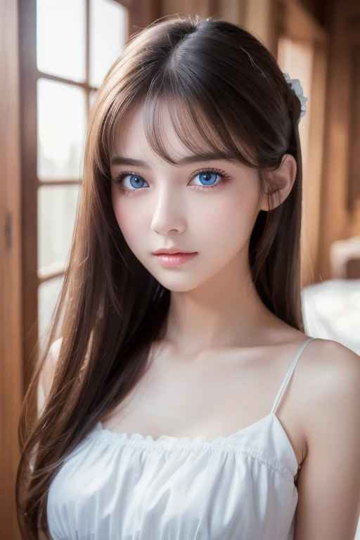 ８ｋ、high resolution、maid outfit fashion、Beautiful girl、android body、young、White skin,、narrow eyes,high nose,Light that brightens your face、clear image、intellectual beauty、thin、what makeup、anxious expression、Light that brightens your face,shiny hair、one eyelid,blue eyes