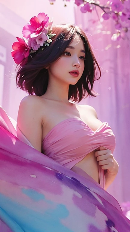 masterpiece, absurdres, hinata\(boruto\), 1girl, solo,mature female, red indian_saree with navel, outdoors,lavender flower field, looking at viewer, (falling petals), cloudy sky, perfect composition, detailed lips, big breast, beautiful face, body propotion, blush, (pink lips), long hair, purple eyes, soft gaze, sad smile, super realistic, detailed, photoshoot, realistic face and body, realistic hair, realistic eyes, realistic nose, realistic lips,
