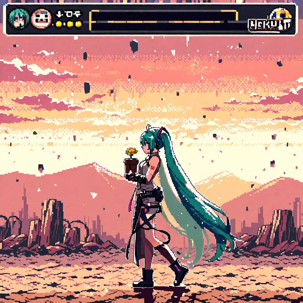 simple 8-bit pixel art, 1girl\(miku hatune\(vocaloid,holding blown plantpot\(empty,blank\),from side,chibi,full body\) walking the world after extinction of mankind, apocalypse world, from music hello planet,NES game screen, with a row of hearts at the top indicating remaining lives