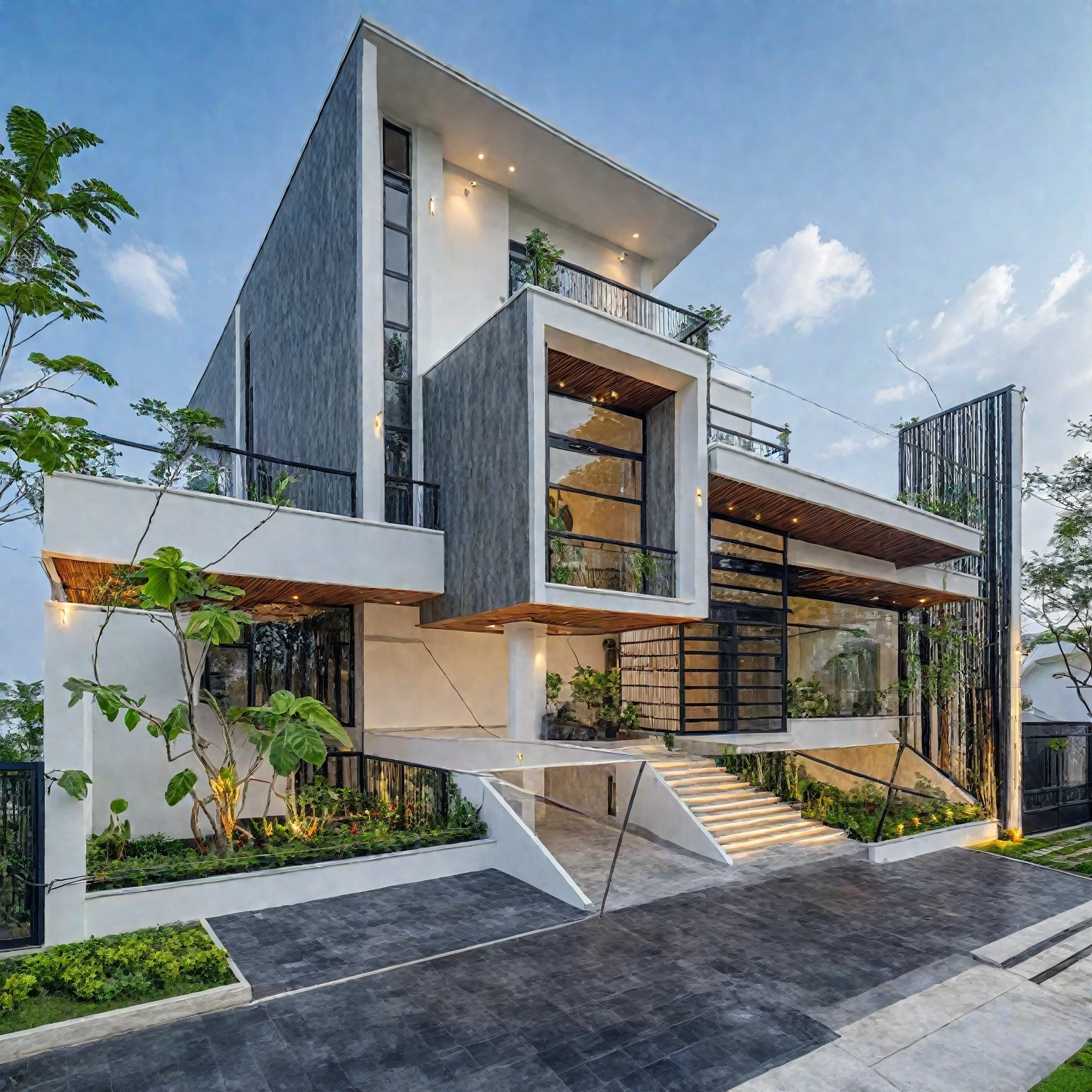 (masterpiece:1.2), best quality, photo of A two-story modern house in VietNam with white walls and dark tiles on the roof., tree and plant environment,daylight, streetcapes, natural light, vivid color, The exterior of an elegant single family home features large windows, a dark gray door frame.