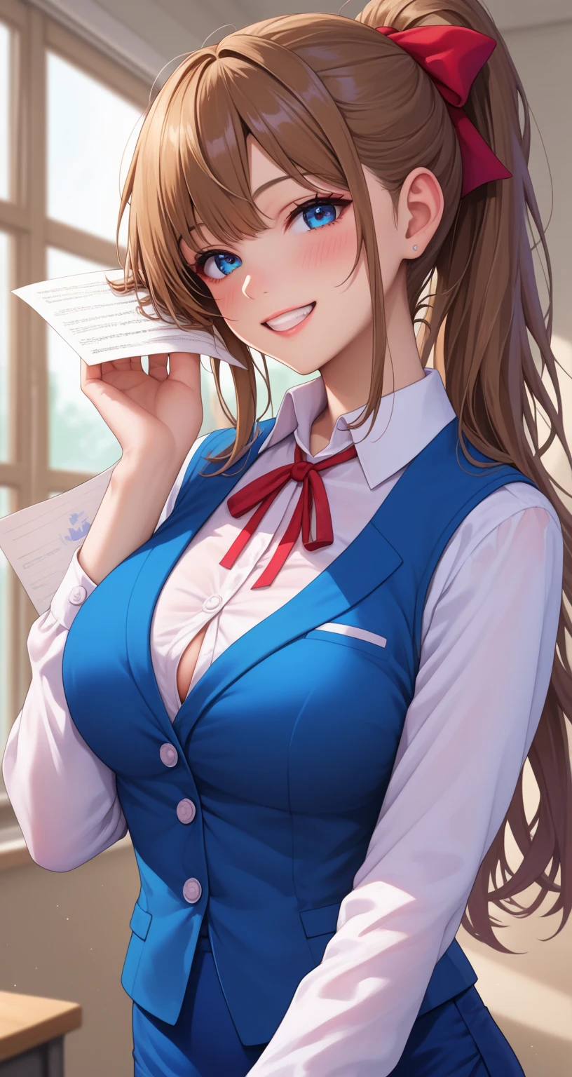 masterpiece, best quality, newest, highres, uncensored, 1girl, yokota mamoru style,1girl, slender face，motion lines,blush,torogao,looking at the viewer,seductive smile
Asai_Sayaka,Brown Hair, Ponytail,Blue Eyes,Hyper Breasts, Slim,long hair
1girl,solo
collared shirt, white shirt, long sleeves, blue vest, white buttons, pencil skirt, blue skirt, red ribbon, neck ribbon, medium breasts, looking at viewer, holding paper, paper, smile, teeth, looking at viewer, tucking hair, adjusting hair, hand on own hair, hair behind ear,, cowboy shot,