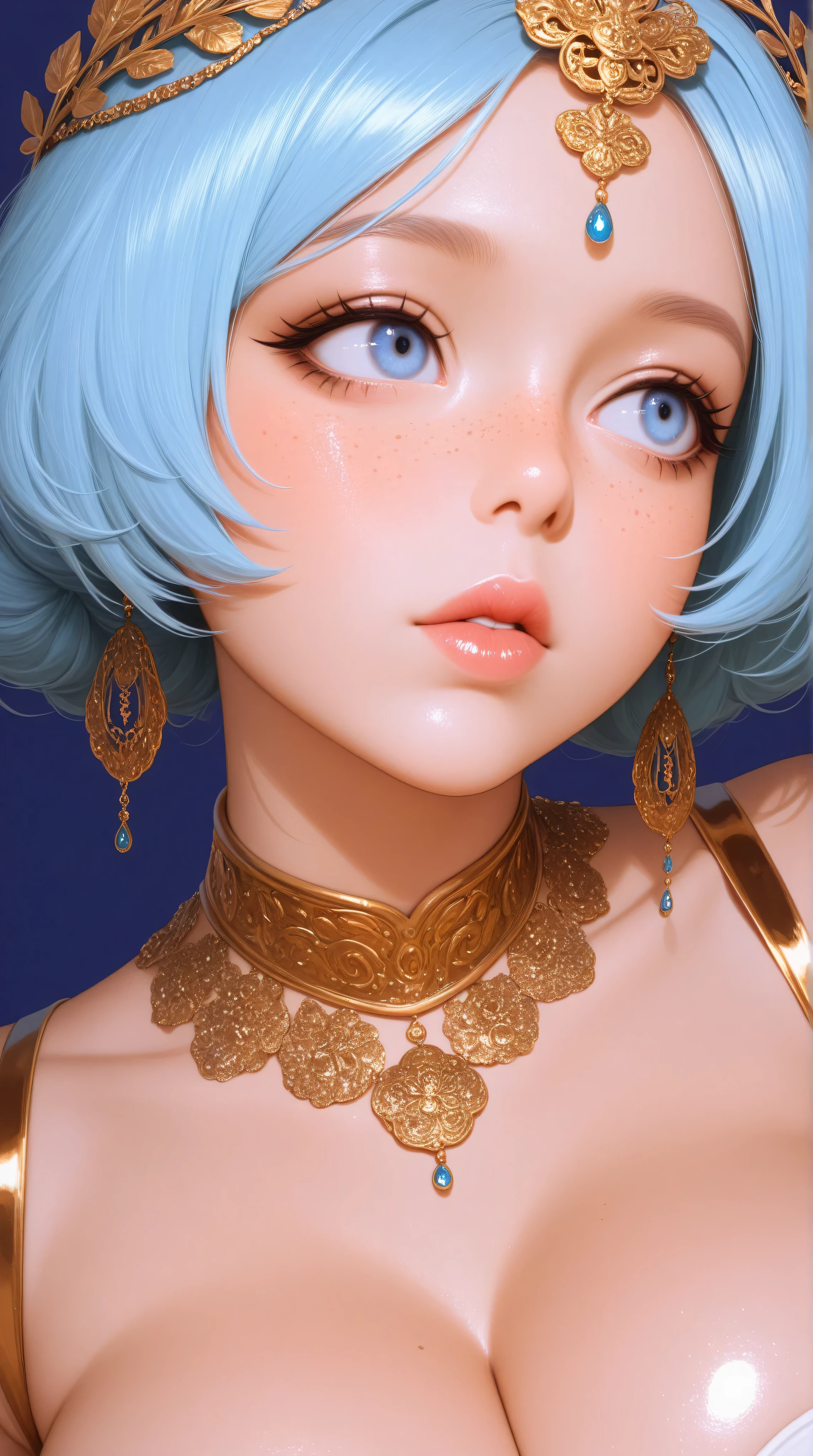 (pink, gold, and white, vivid, minimalist, light blue hair, beautiful face, freckles, kizi, (eyes looking off to side), Highly detailed, Amazing work,Vitreous luster, blues, yellows, Best quality at best, huge breasts, cleavage, shiny skin, colorful background, navy blue background, burgundy background, gold background, close up, face portrait, eyes focus,