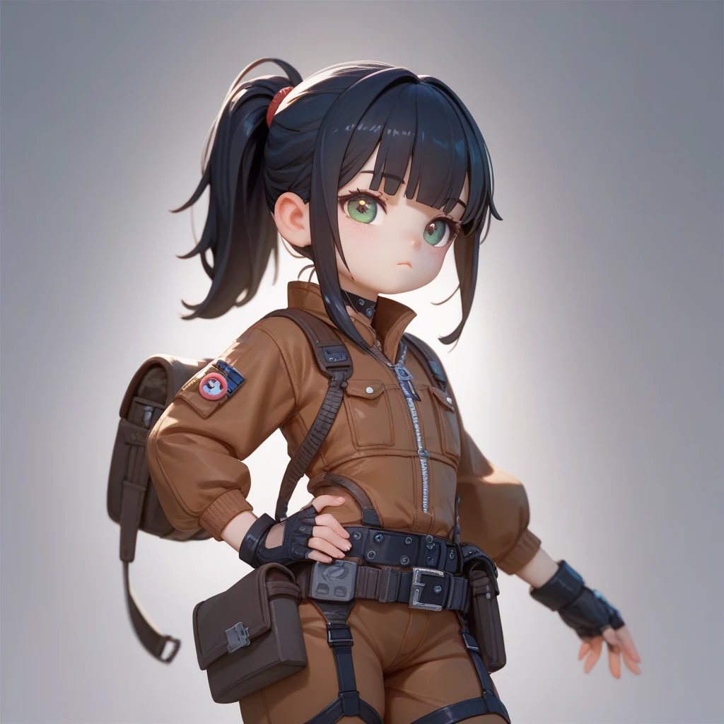 "A young girl with bright black hair , ponytail , bright skin, and the soft expression , wearing future clothing , brown clothes.  The girl , pouch , belt . The dark background , gives full focus to the character of the girl , cute chibi ,"