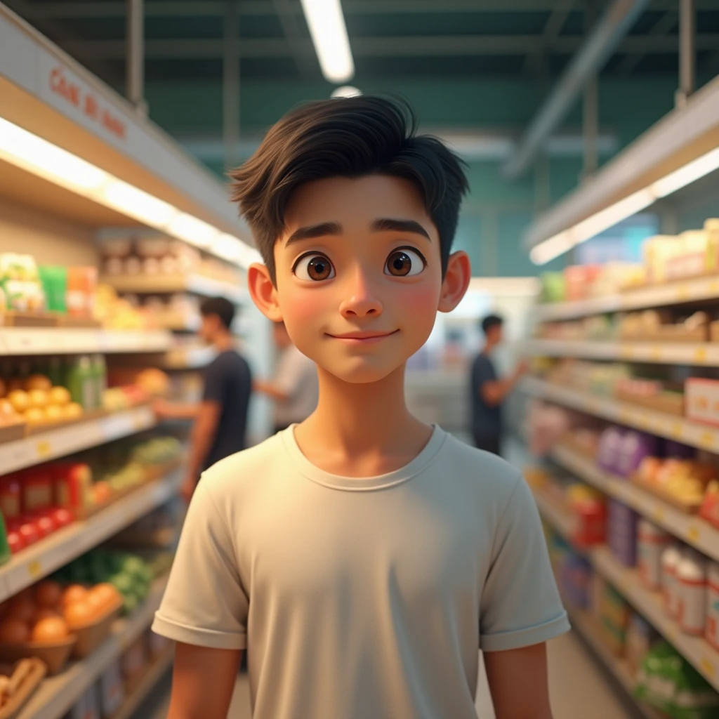 A young Indian-looking boy is standing inside a supermarket in the city and talking with a slight smile.