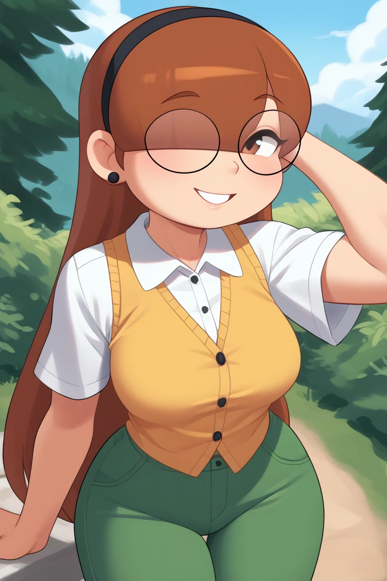 score_9, score_8_up, score_7_up, score_6_up, score_5_up, score_4_up, 1girl, solo, rating_explicit, source_cartoon, Emma_Donchibi_Style, red-brown hair, hair over eyes, blunt bangs,
black-framed eyewear, brown eyes, circular rim glasses, round eyewear, hair over one eye, long hair hairband, earrings, white shirt, collared shirt, yellow vest, short sleeves, green pants, perfectly round breasts, wide hips, 
beautiful, sexy, cute, medium breasts, looking at viewer, standing, outdoors, forest, blue sky, clouds, dynamic angle, smile, fca style, half body, eyebrows