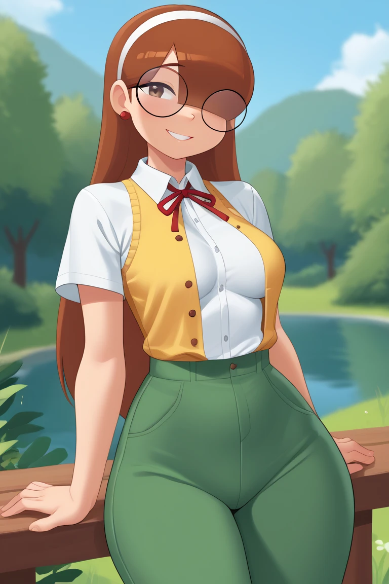 score_9, score_8_up, score_7_up, score_6_up, score_5_up, score_4_up, 1girl, solo, rating_explicit, source_cartoon, Emma_Donchibi_Style, red-brown hair, hair over eyes, blunt bangs,
black-framed eyewear, brown eyes, circular rim glasses, round eyewear, hair over one eye, long hair hairband, earrings, white shirt, collared shirt, yellow vest, short sleeves, green pants, perfectly round breasts, wide hips, 
beautiful, sexy, cute, medium breasts, looking at viewer, standing, outdoors, forest, blue sky, clouds, dynamic angle, smile, fca style, half body, eyebrows