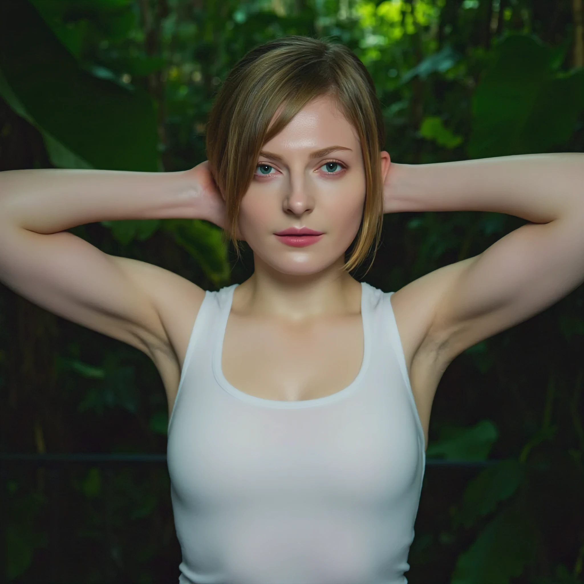 High quality natural photography, HD photography, this picture is a high resolution photo of a goddess-like blonde blue-eyed beauty standing in the dark. She has her hands behind her head with an alert expression. She is wearing a white tank top damp with sweat, in the jungle. Her beautiful skin is sweaty, her arms and armpits are glistening, her wet face and medium breasts have a reflective wet glow, her silky smooth armpits are very sweaty, her face is shining under the light. Focus on her sexy armpits!!!