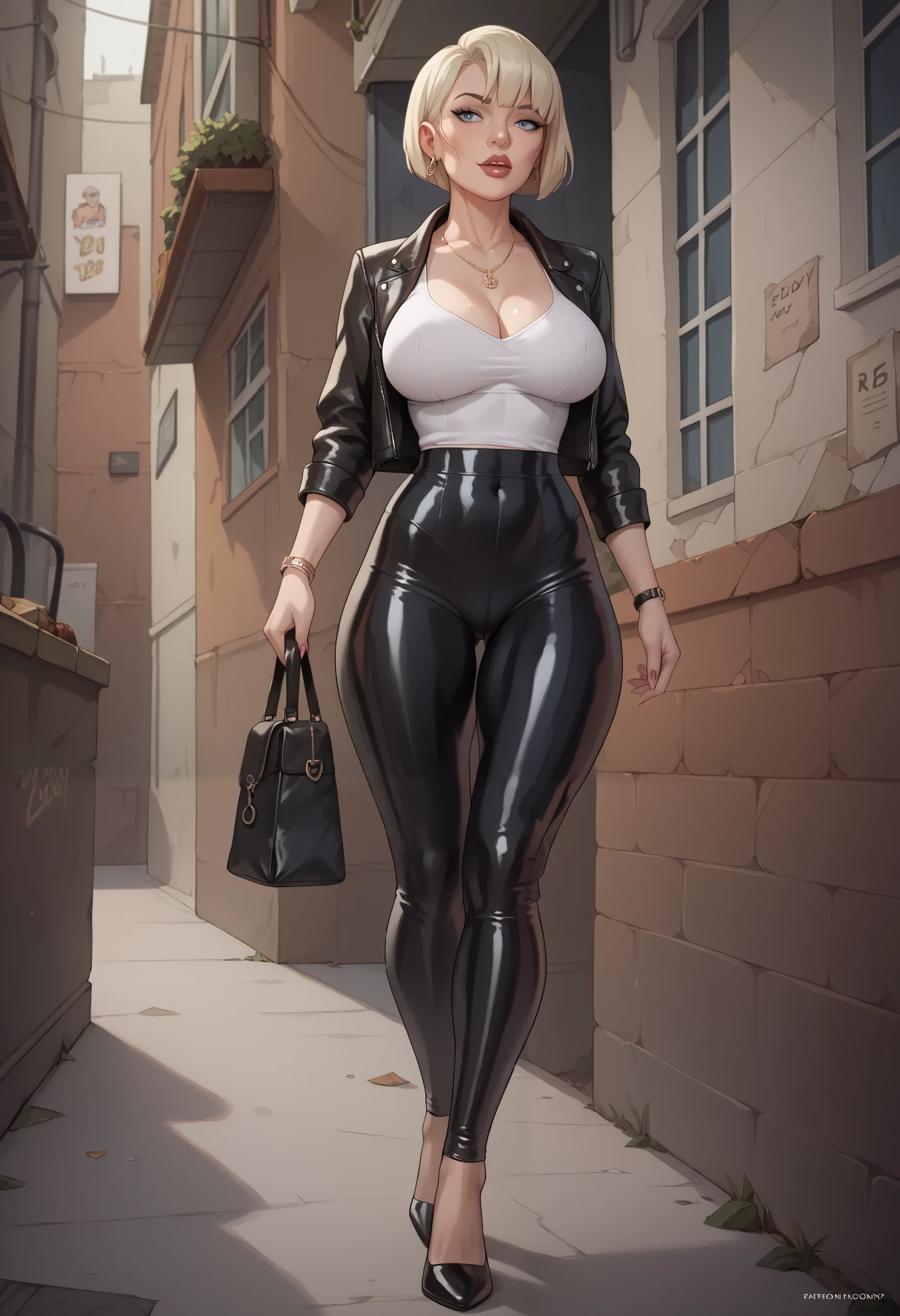 35 year old woman with short blonde Bob-style hair with big breasts wearing a leather jacket with a blouse and tight latex pants and heels she is walking down a dark alley 