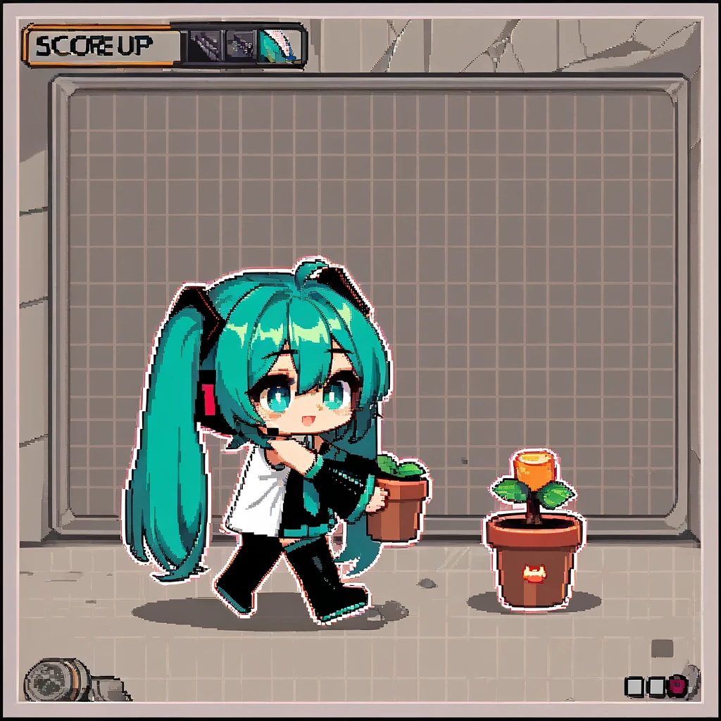 simple 8-bit pixel art, 1girl\(miku hatune\(vocaloid,holding blown plantpot\(empty,blank\),from side,chibi,full body\) walking the world after extinction of mankind, apocalypse world, from music hello planet,NES game screen, with a row of hearts at the top indicating remaining lives