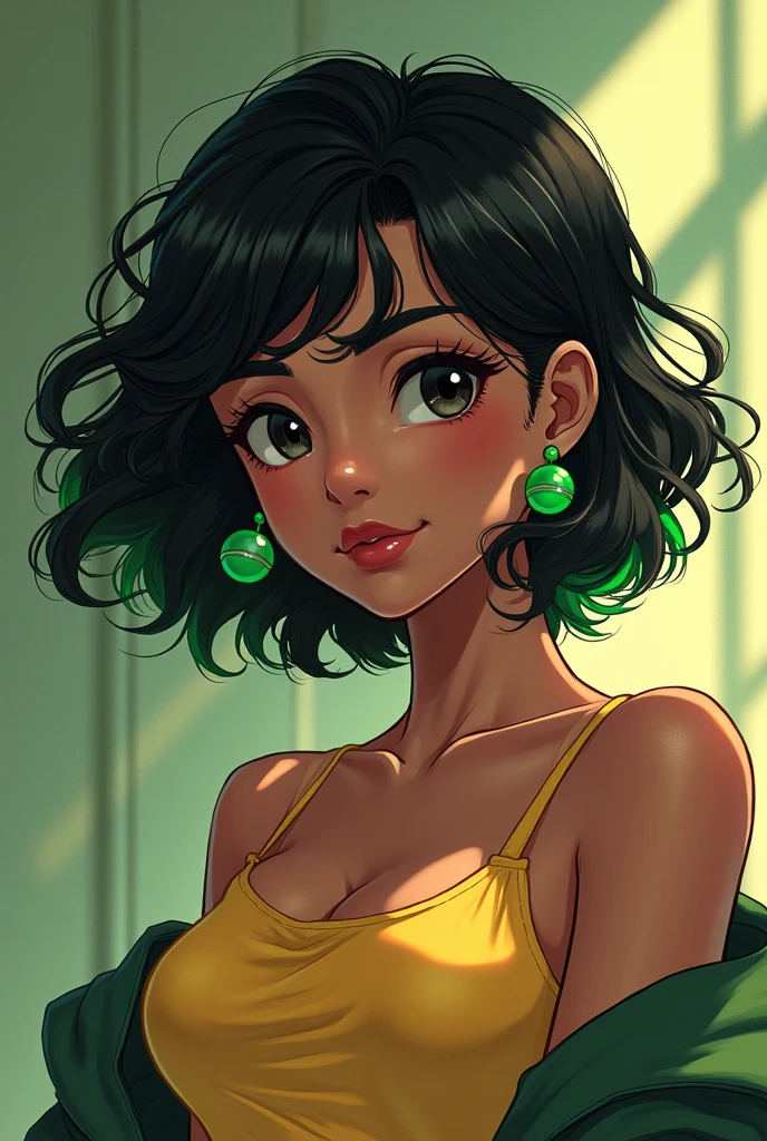 One girl, tanned, black hair, straight hair, light green eyes, eyelashes, retrato, golden hoop earrings, small