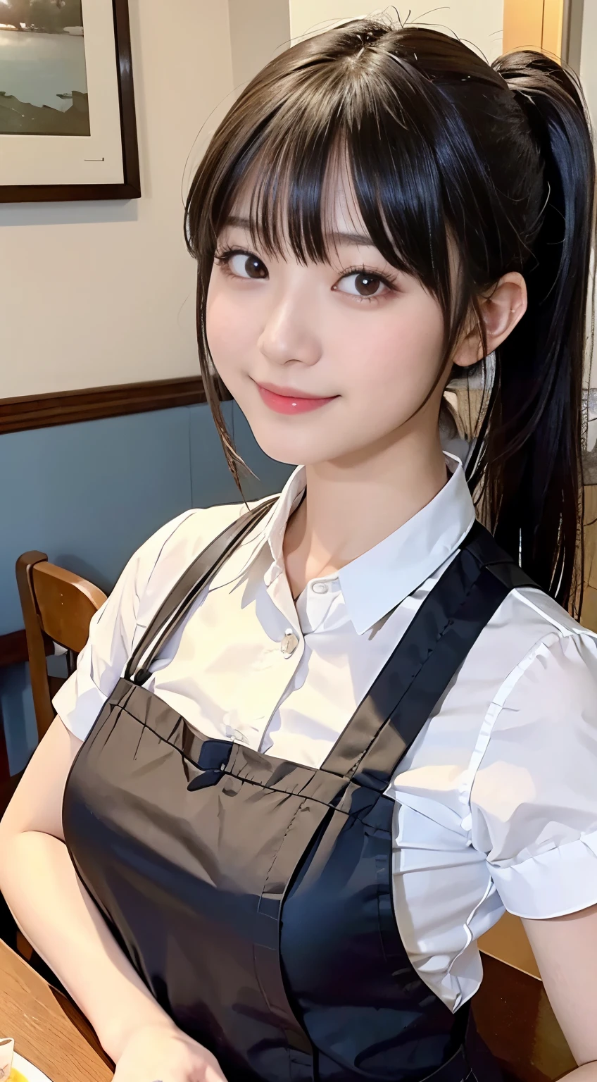 (Highest quality,masterpiece:1.3,Ultra-high resolution,),(Very detailed,Caustics),(Realistic:1.4,RAW shooting,)Ultra-Realistic Capture,Very detailed,High resolution 16K human skin closeup。 Natural skin texture、,pores、、、、It must be detailed enough to be easily identifiable。 Skin tone is even and healthy looking。 Use natural light and color,restaurant,Waitress Uniform,1 person,Japanese,18-year-old,cute,Black-haired,ponytail,Big Breasts,smile,Turn your body forward,(Front view:1.1),Looking into the camera,Cowboy Shot,