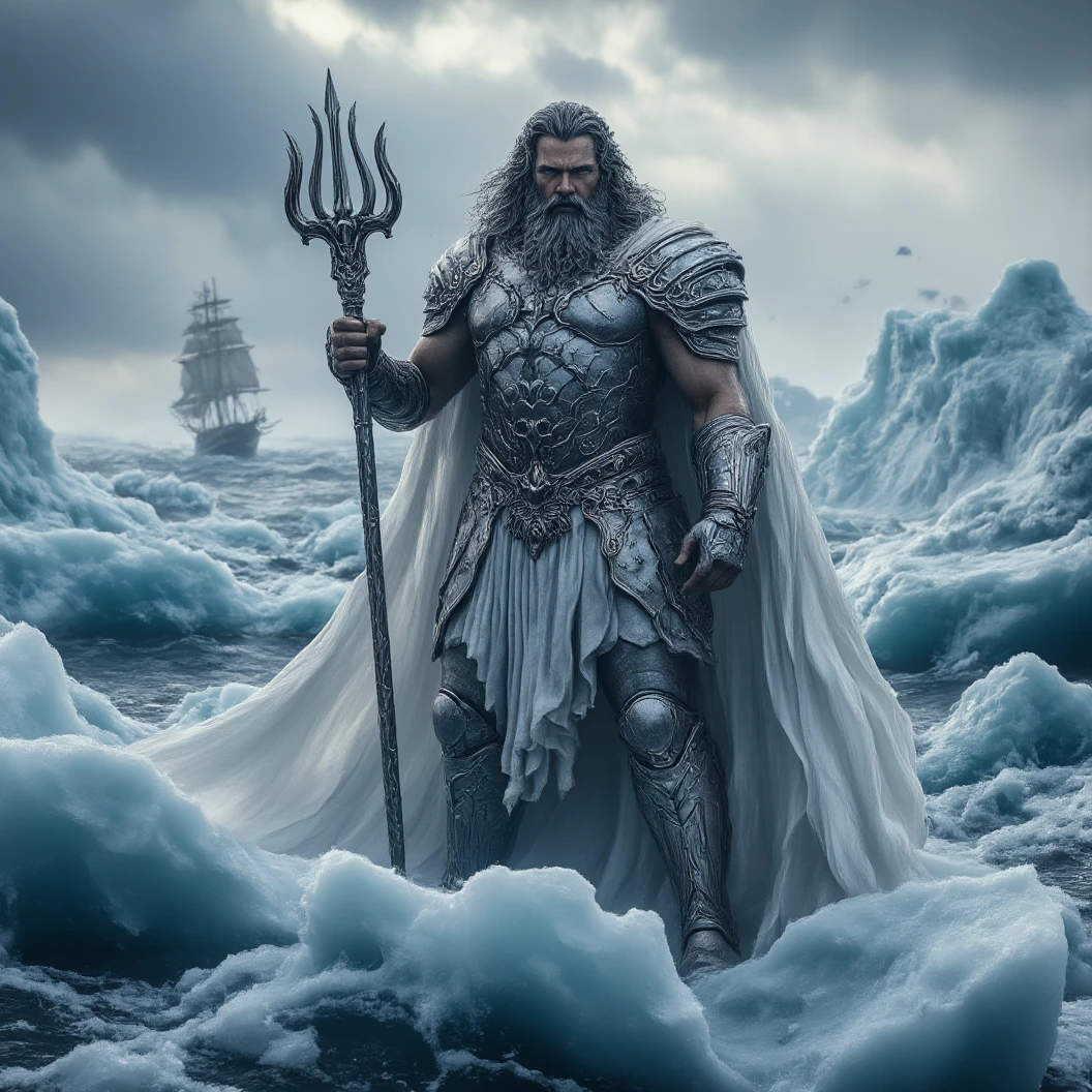 Imagine a close-up of Poseidon standing on a large iceberg. Dark gray hair and beard. He is donned in silver armor with a white cape. Stands with his trident staff in a dynamic godly pose. Ships on the sea are completely covered in thick ice. Icebergs dynamically clash together. High Resolution, Masterpiece, Digital Art, Character Design, Hyperdetailed, Depth Of Field, Image Fill, Cinematic Lighting, Close-Up