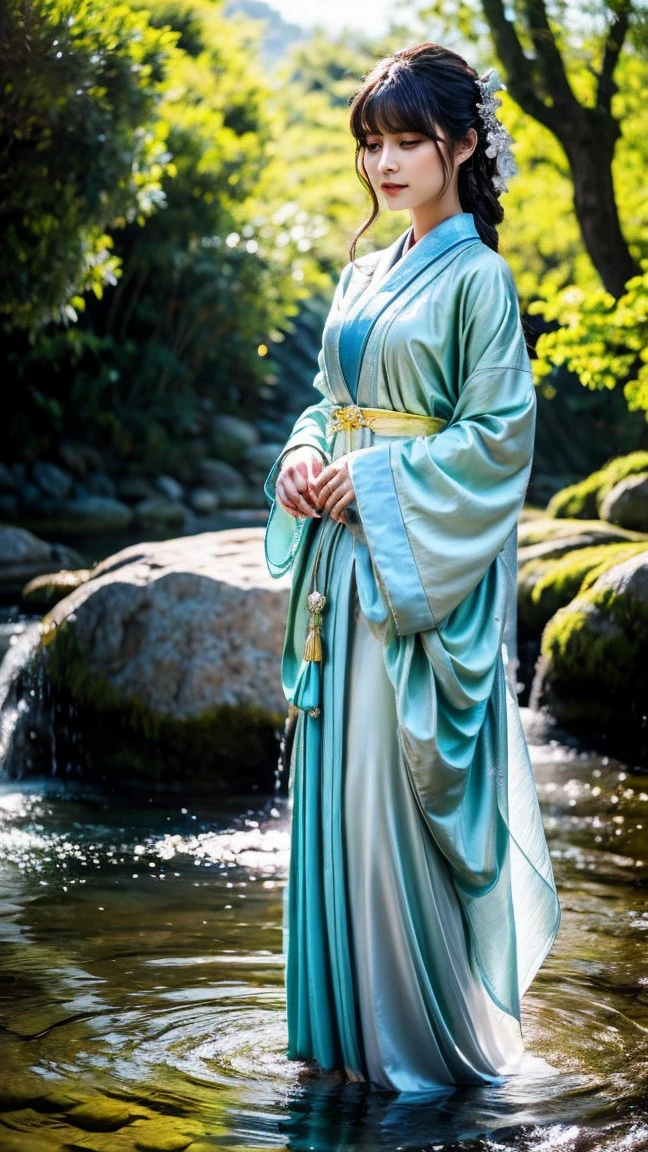 A realistic and lifelike depiction of Sayorihime (Sayori no Hime), the Shinto goddess associated with rivers and purification. She is portrayed as a tranquil and ethereal figure standing beside a clear, flowing river, symbolizing her role as a guardian of water. Sayorihime wears traditional Japanese attire, such as a kimono adorned with patterns resembling flowing water and ripples, in hues of light blue and green. Her expression is serene and nurturing, exuding a deep connection to nature. The background includes elements like gently flowing water, soft sunlight filtering through trees, and small stones arranged in a sacred manner. The image captures her role as a protector and purifier, blending natural beauty with divine grace. The composition is in a 10:16 vertical orientation, with her head positioned at the top.