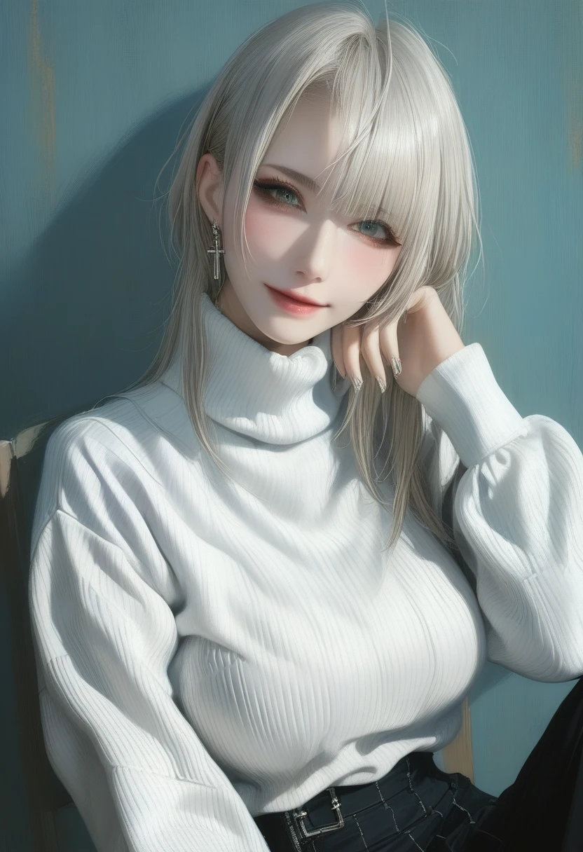 score_9, score_8_up, score_7_up, score_6_up, portraits, good anatomy, masterpiece, best quality, realistic, 1girl, beautifull eyes, beautifull face, detailed eyes and face, dynamic lighting, in the dark, deep shadow, low key, cowboy shot, closed mouth, (((turtleneck, grey skirt, white long sleeve sweater))), ((large full breasts)), sitting, cross legs, evil smile, closed mouth,
BREAK blonde white hair, hime cut hairstyle, pale porcelain white skin, natural makeup, blush