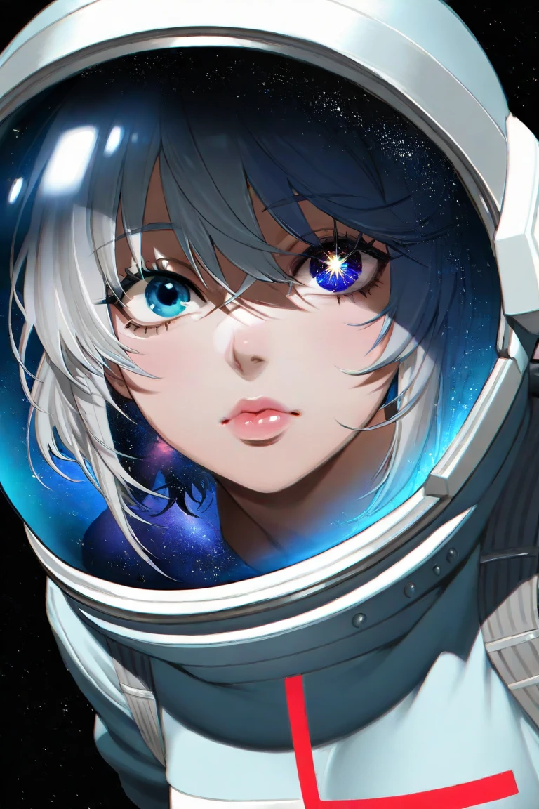 (Close-up of a better masterpiece:1.5)0.9], (Space and astronauts:1.2) (Messy silver hair:1.1) (Heterochromia xanthochromia and blue eyes:1.2) (Space Helmet:1.0) (Colored stars in the eyes:1.0) (A radiant glow:1.1) (thick lips:0.9)