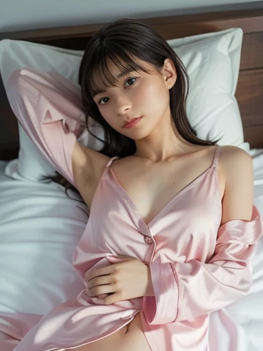 ((of the highest quality, 8K, masutepiece: 1.3, Raw photo)), Sharp Focus: 1.2, (1 AESPA Girl :1.1), Solo, (Realistic, Photorealistic: 1.37), (Face Focus: 1.1), Cute face, hyperdetailed face, short messy hair, (updo: 1.2), Small breasts, flat chest, (Neat silk dress), hotel bedroom, (lying on the bed: 1.3), Cinematic Lighting, Thigh, hands up