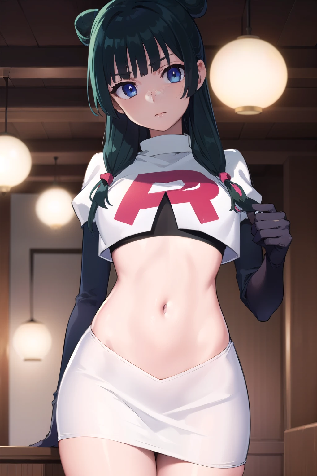 kusuriyamaomao, maomao, long hair, bangs, blue eyes, hair ornament, green hair, blunt bangs, freckles, hair bun, single hair bun,
BREAK team rocket,team rocket uniform,white skirt,red letter R,crop top,black thigh-highs,black elbow gloves,
BREAK looking at viewer, cowboy shot,
BREAK (masterpiece:1.2), best quality, high resolution, unity 8k wallpaper, (illustration:0.8), (beautiful detailed eyes:1.6), extremely detailed face, perfect lighting, extremely detailed CG, (perfect hands, perfect anatomy),