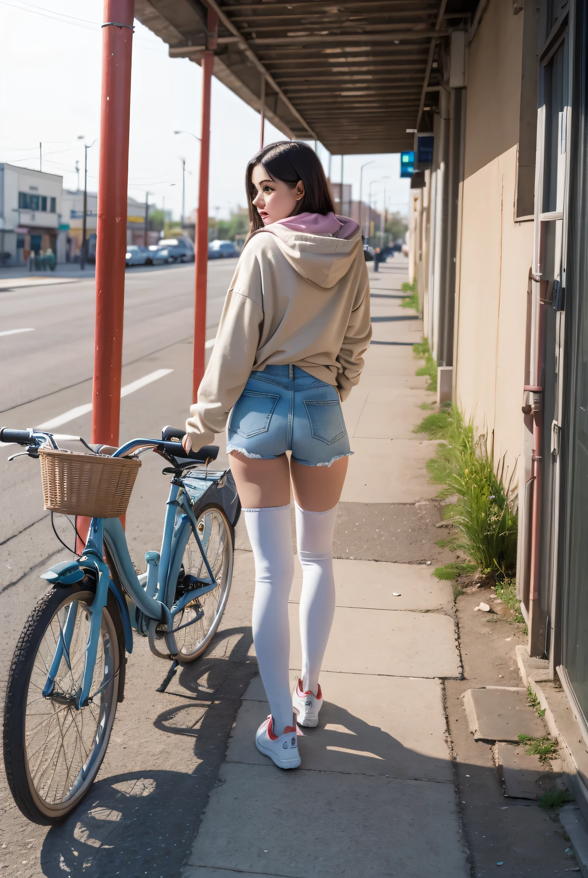 "Create a realistic urban scene featuring a young woman on a sunny day, with a casual outfit. The setting includes a semi-industrial area with metallic railings, yellow vertical bars in the background, and blue fabric draped over a structure. The woman has long, dark hair and is wearing a beige hoodie paired with a hot pants and black thigh-high stockings. She holds a light blue piece of clothing and a pink bag, with a subtle, curious expression as she glances back. Sneakers with white soles complete her outfit. The ground is dusty, with scattered elements like bicycles and other urban objects. Ensure the lighting is natural, with soft shadows, emphasizing the sunny weather and a slightly gritty atmosphere."