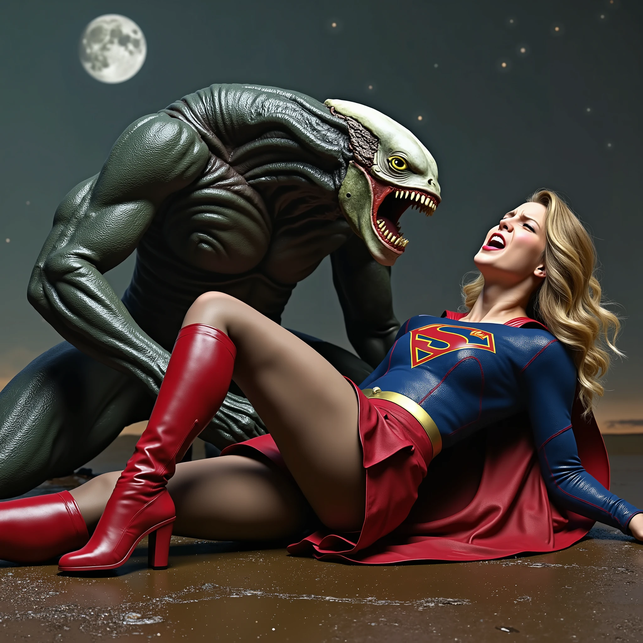 Supergirl is fighting with a big alien monster, very bright white skin, can see whole body, She is wearing a thin black pantyhose, short red leather fabric skirt, red knee height long boots, blonde hair, lighting green collar on her neck, She is screaming in pain, seriously injured, painful, a huge body fierce Alien Monster hold and carry Supergirl body, the Alien Monster seize her body tightly and bite her neck, photorealistic, hyper realistic, night time on the Mar with moon lighting,