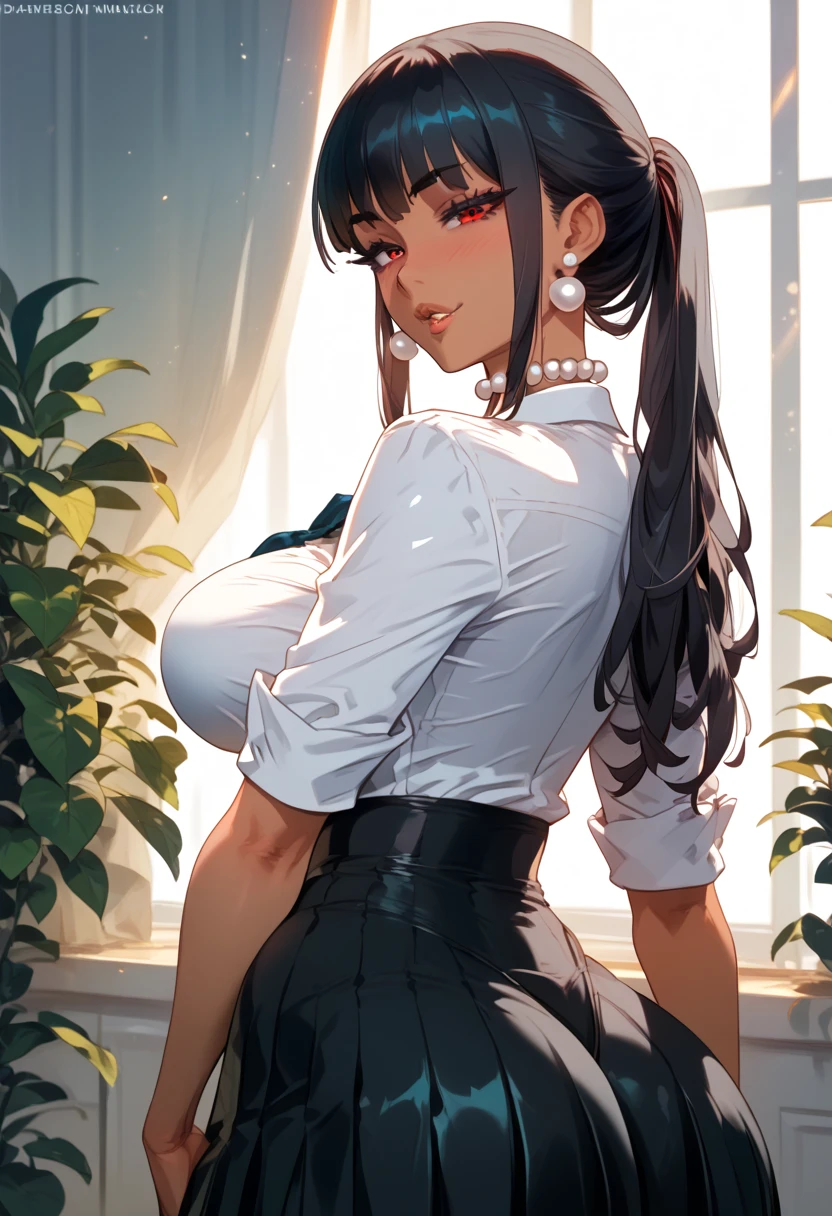 highres, sharp focus, pixiv masterpiece, ((intricate details)), best quality, ultra-detailed, beautiful girl, seductive face, blush face, bitting lips, dark skin, long fringe black hair, detailed red eyes, slanted eyes, big eyelashes, back eyeshadows, wide black eyebrows, medium breasts, thin waist, big hips, thick figure, bellybutton piercing, pearl chocker, sexy school uniform, at school