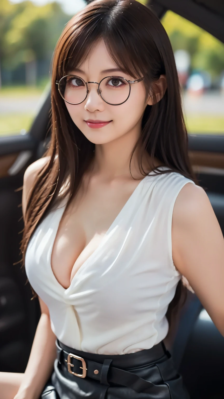 ( Blouse and Tight Skirt Teacher Costume : 1.4), (Glasses : 1.5), (Seatbelts in the driver's seat : 1.4), (  Delicate Realistic Hair , Realistic black hair), bangs, smile, ((white indoor )), ( steam  : 1. 2),  young and adorable Japanese face,  Official Art,  high definition CG Unity 8k wallpaper,Ultra  high definition , very detailed, Half photo ,  high definition ,  Kodak Portrait 400,  film grain ,  Lens Flare Glow ,  best quality ,8k,  as a portrait shot ,8k,  show viewer  , ((Masterpiece)), ((  best quality )), (  very detailed), (( cute)), ((  sexy)), ((  very detailedな)), ( Detailed Clothing Characteristics), ( beautiful),  illustration,  beautiful Japanese woman, (( 1 Woman )), ( cleavage in years : 1.3)