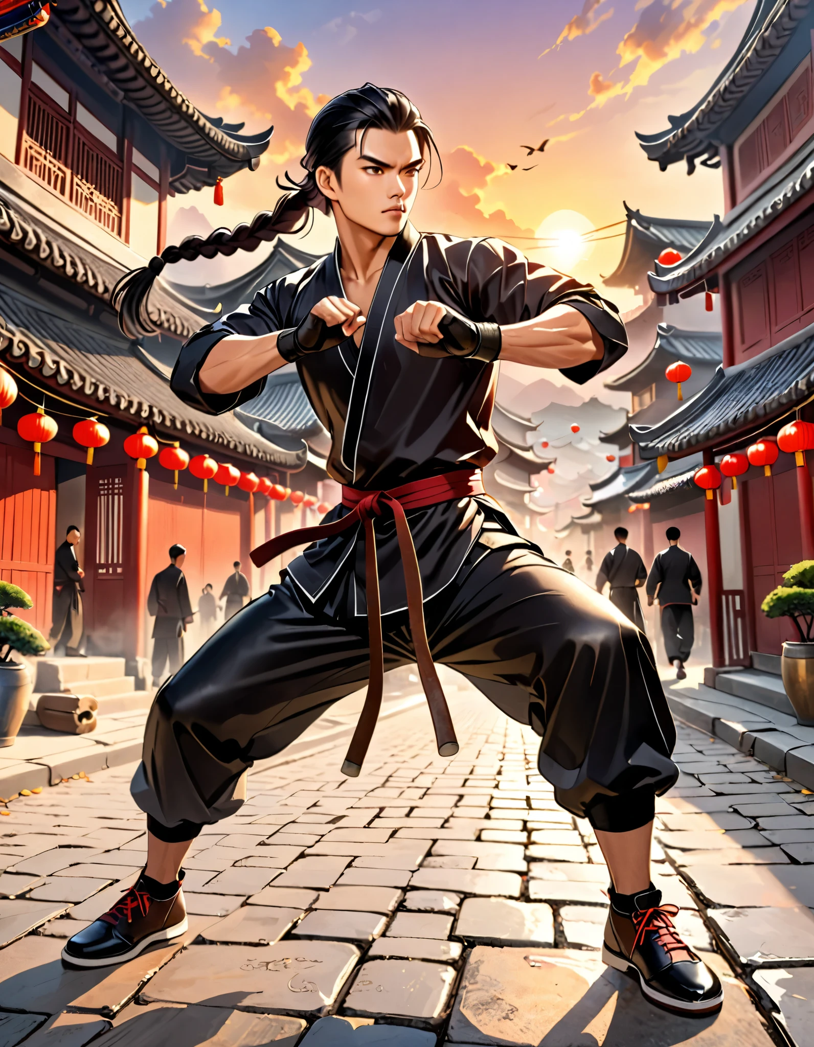 masterpiece, best quality, solo, solo focus, 8k,black hair, long hair, braid, chinese male ponytail hair, combed back hair, green eyes, mainline china, male, martial artist, male focus, traditional kung fu stance, danger atmosphere, chinese village, street, sunset, fighting fingerless gloves, leather shoes, outdoors, afternoon, full body costume design, dutch angle, action scene, using nunchaku
